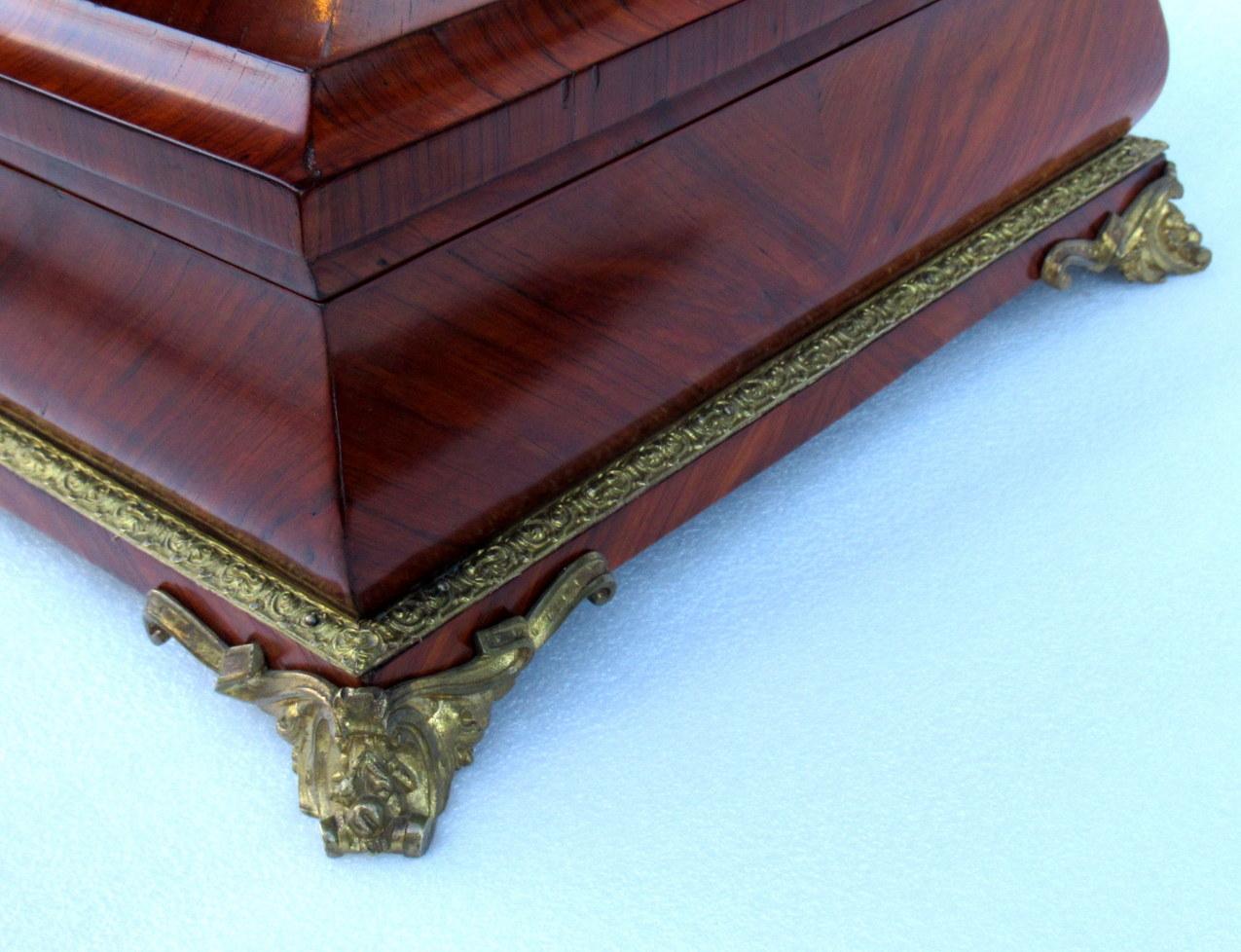 Plated Antique French Kingwood Bird's-Eye Maple Jewelry Casket Box Tahan Paris For Sale