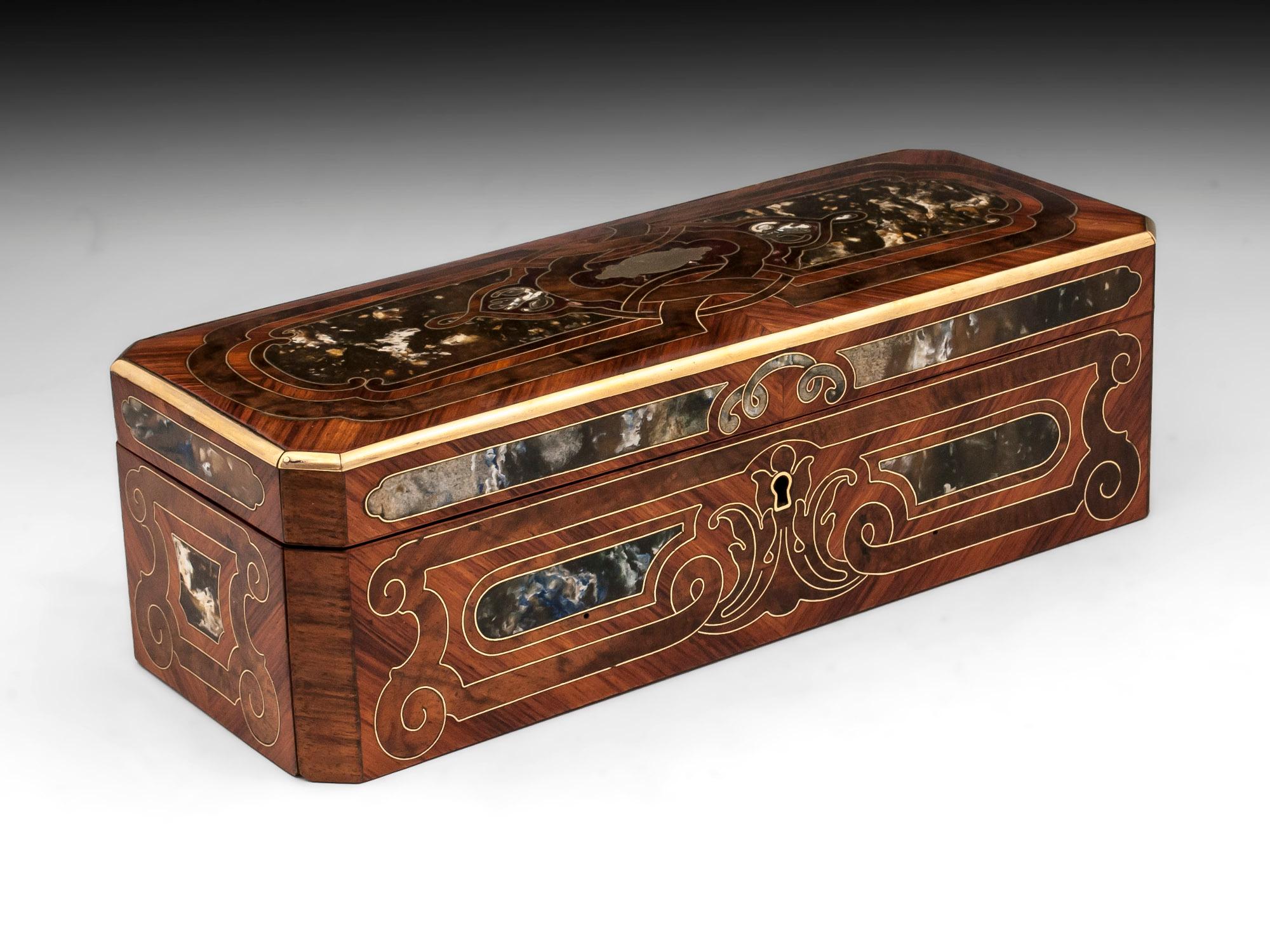 Antique French Kingwood Brass Marble Glove Box, 19th Century In Good Condition In Northampton, United Kingdom