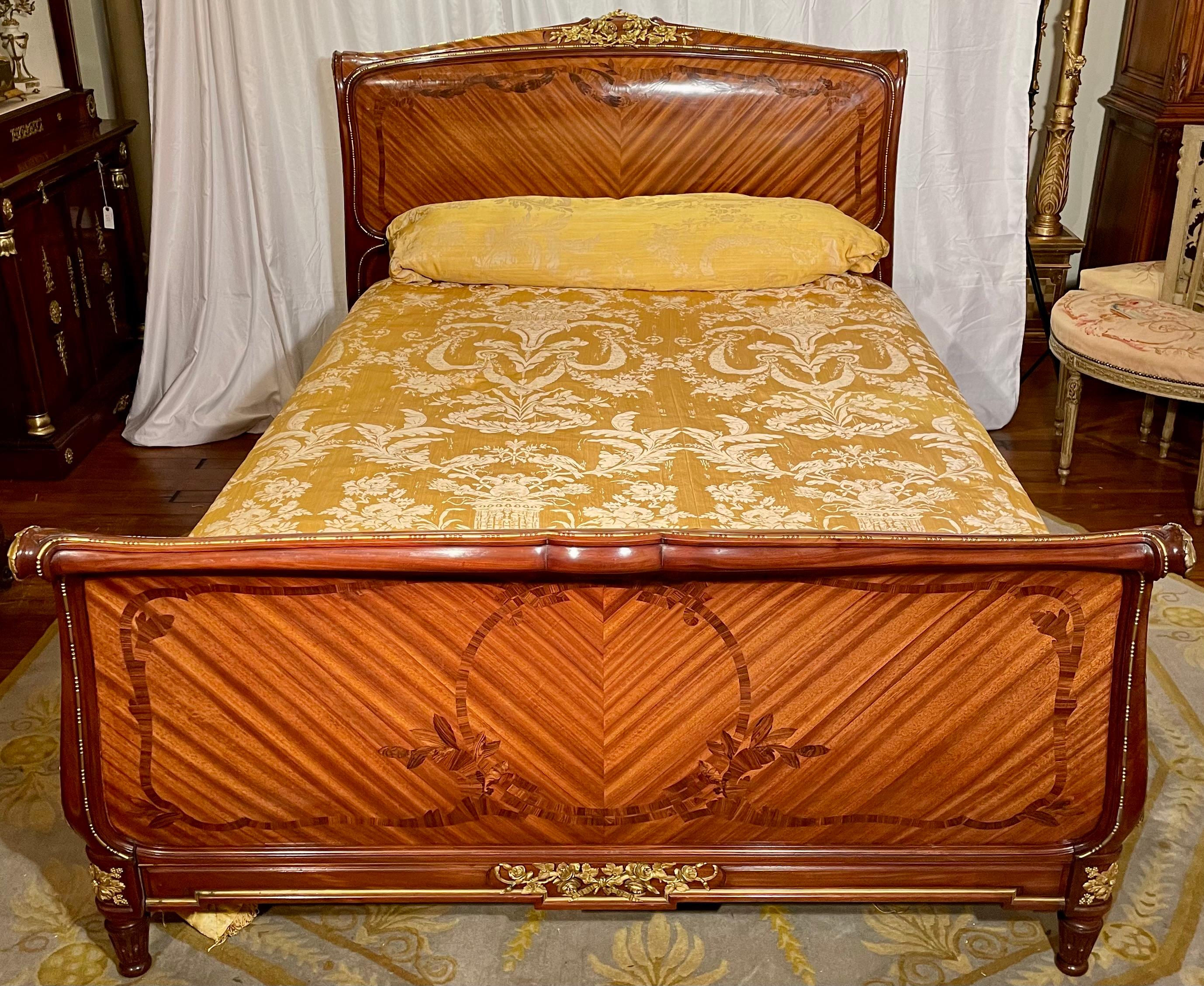 Antique French kingwood bronze d'ore queen size bed, signed 