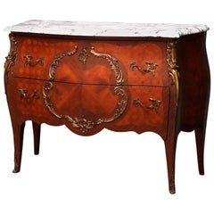 Antique French Kingwood and Ormolu Bombe Marble-Top Commode, circa 1890