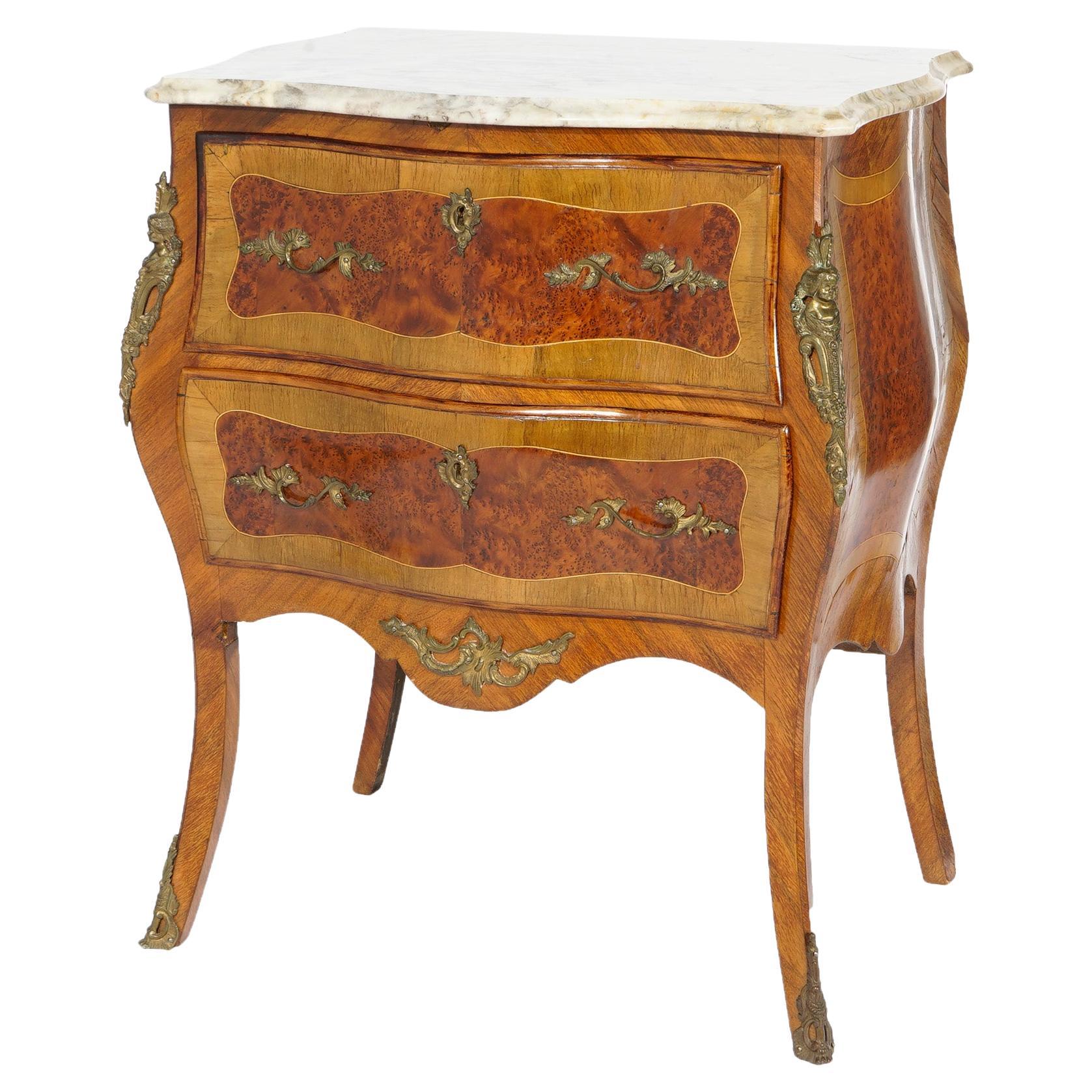 Antique French Kingwood & Rosewood Marble Top Commode with Ormolu, Circa 1910 For Sale
