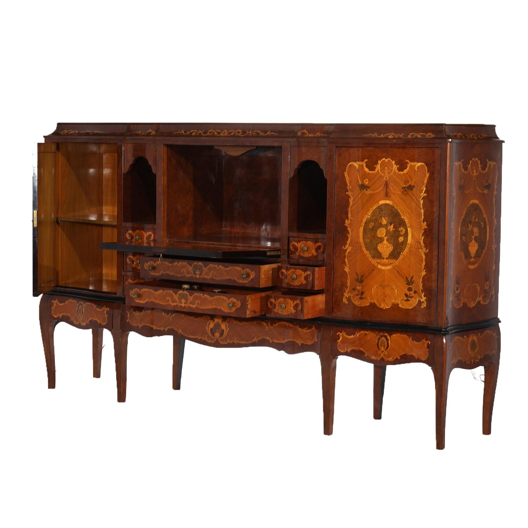 Antique French Kingwood Satinwood & Burlwood Marquetry Inlaid Sideboard C1930 In Good Condition For Sale In Big Flats, NY