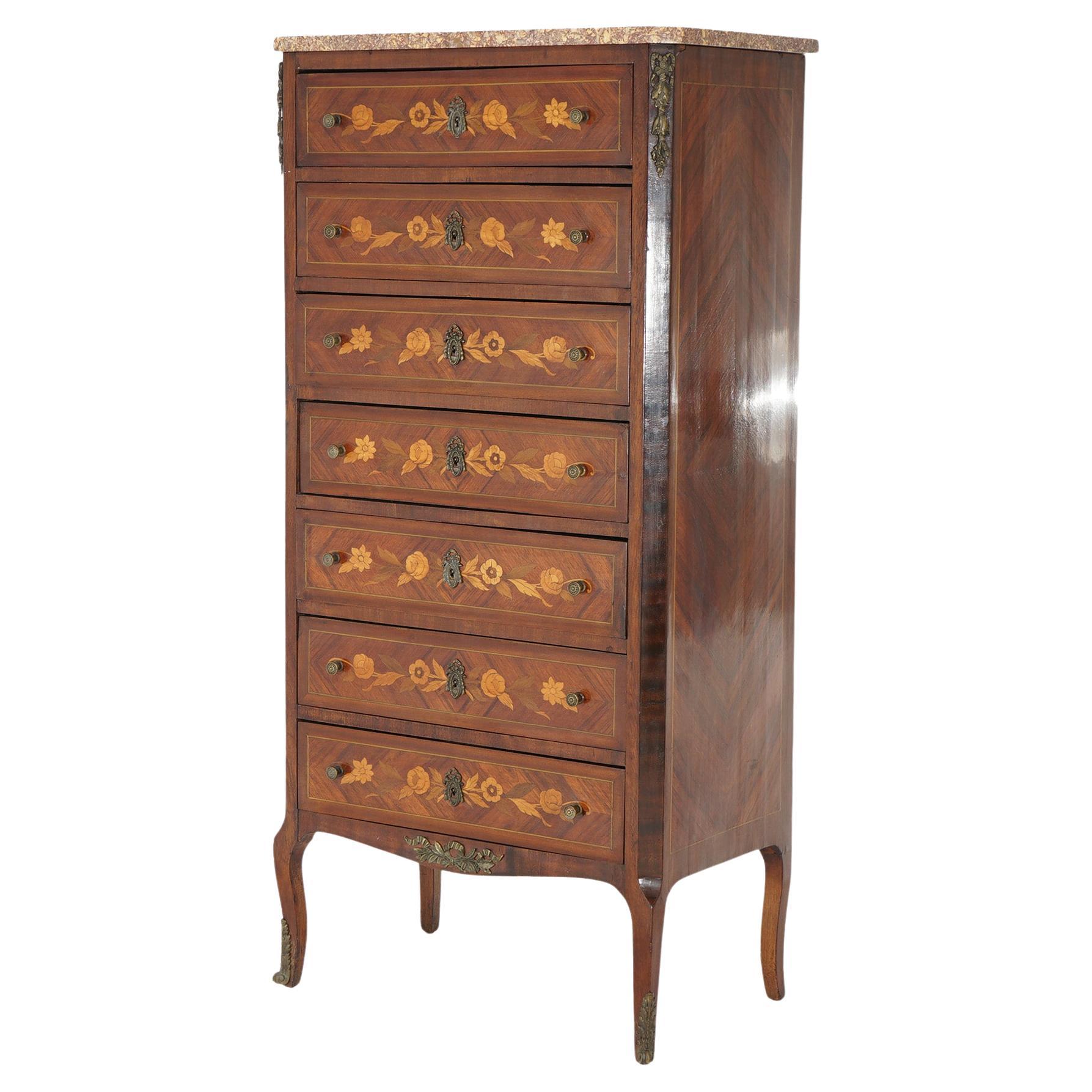 Antique French Kingwood, Satinwood, Marble & Ormolu Lingerie Chest 19thC For Sale