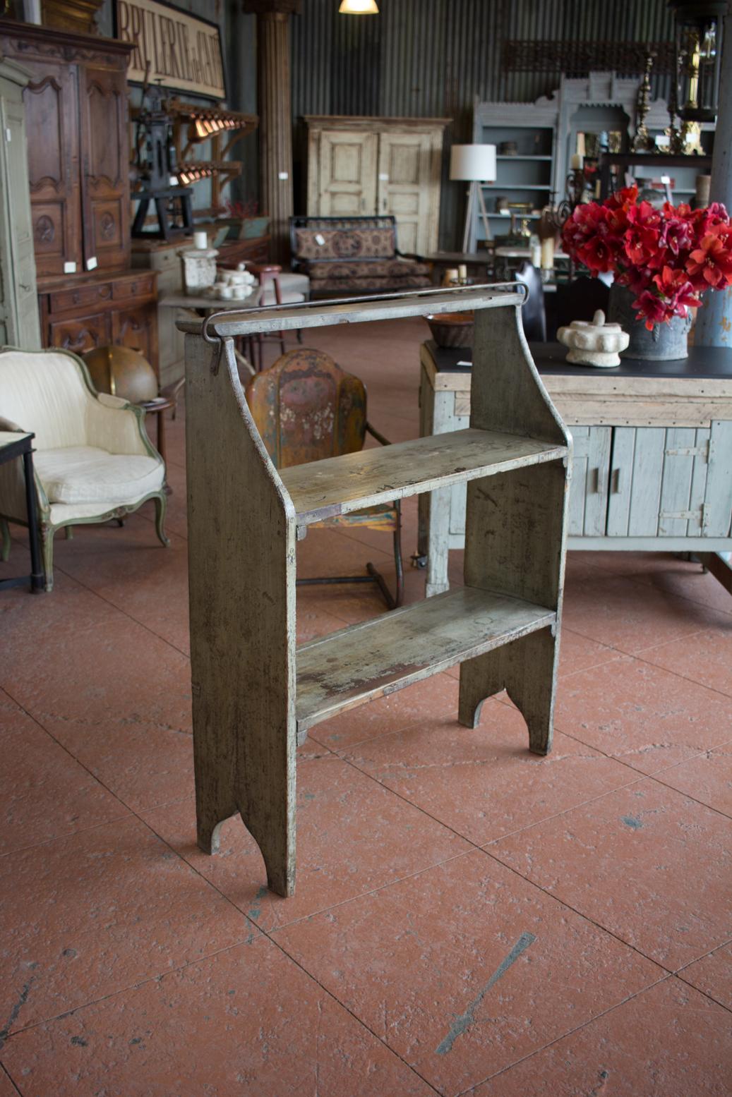 Rare antique French kitchen pot rack shelf with its original paint.