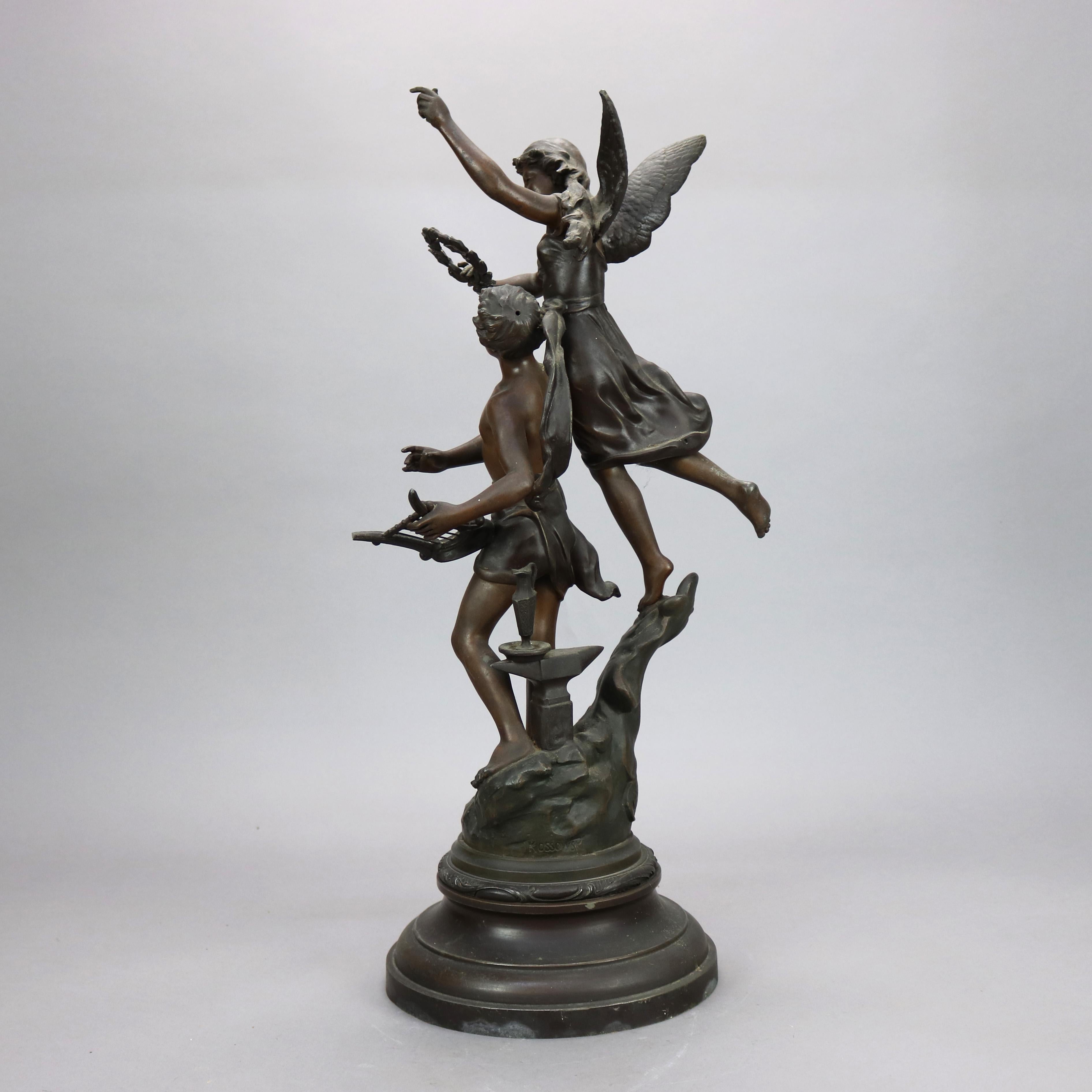 Cast Antique French Kossowski Bronzed Metal Sculpture “Couronnement des Arts”, c1890