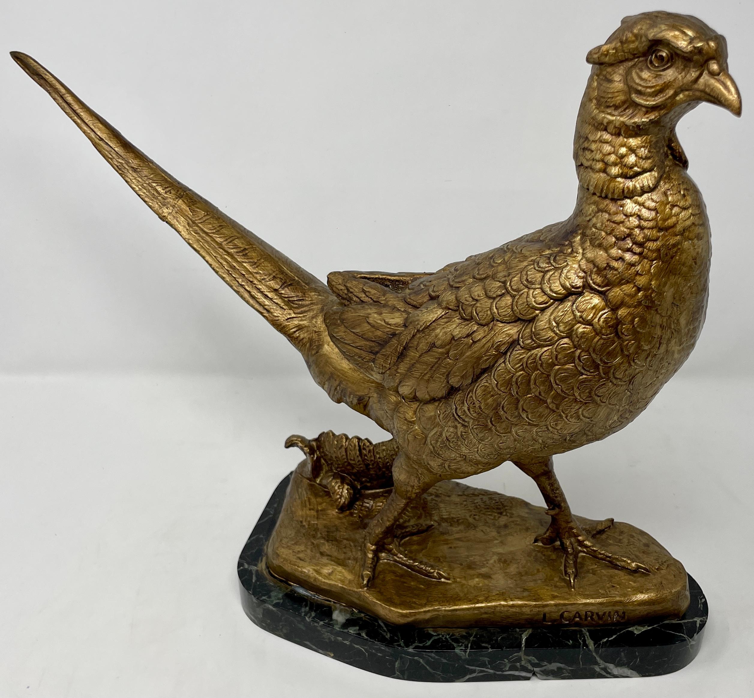 Antique French 19th century gold bronze pheasant animalier sculpture on green marble base signed 
