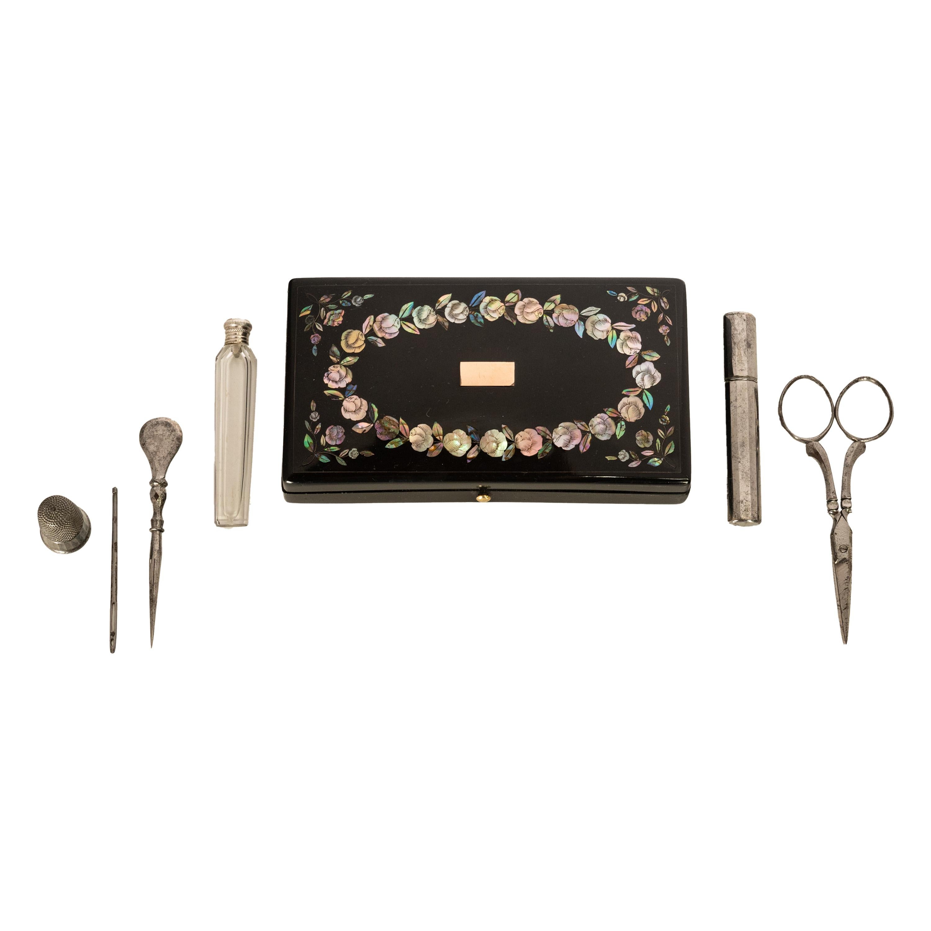 Napoleon III Antique French Lacquer & Inlaid Abalone Sewing Etui Necessaire Scent Bottle Case