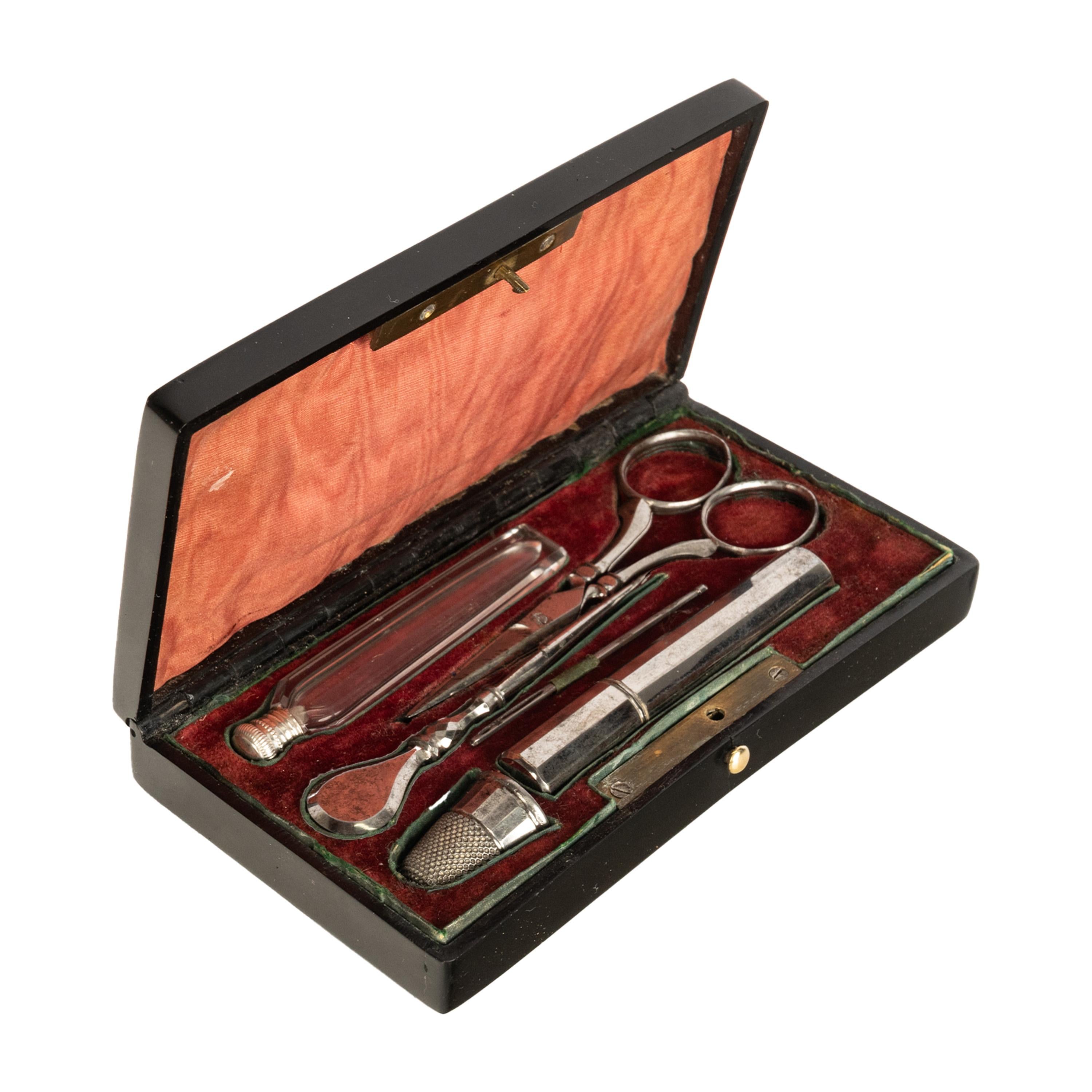 Mid-19th Century Antique French Lacquer & Inlaid Abalone Sewing Etui Necessaire Scent Bottle Case
