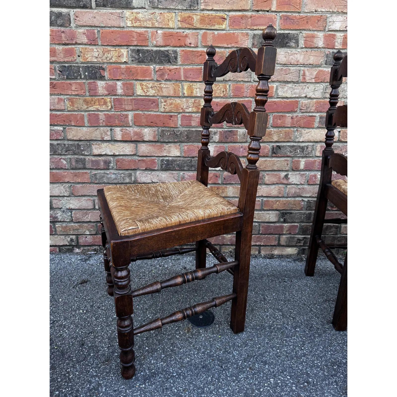 This is a beautiful set of 6 early 20th century French chairs out of the south of France. This is a very unusual with the turn back legs, as well as turned front. The rush seats are in excellent condition these chairs are sturdy with no wobble or
