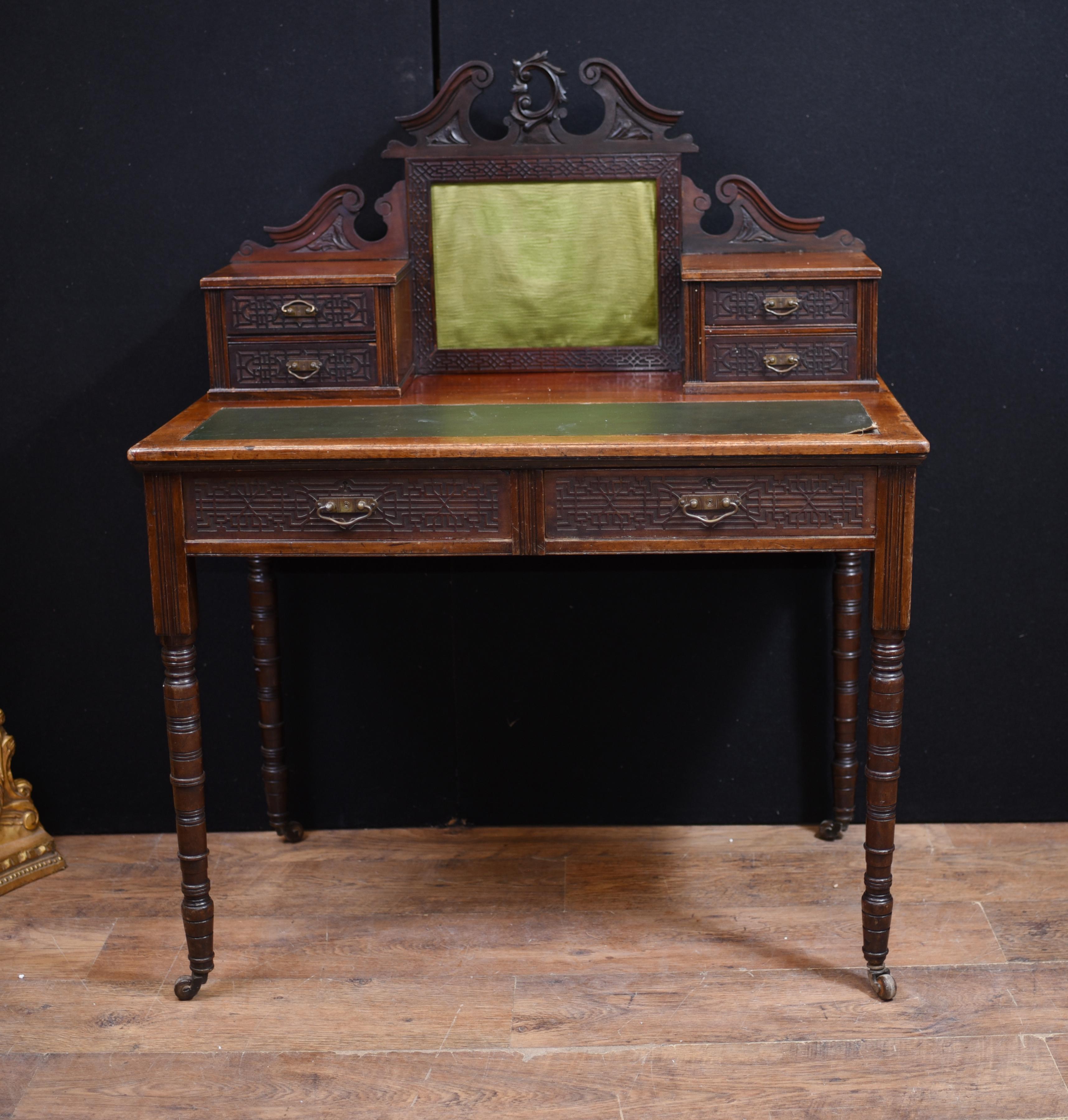 - Wonderful French antique ladies desk in walnut
- Circa 1890
- Hand carved details on drawers wonderful
- Purchased from a dealer on Marche Biron at Paris antiques markets
- Offered in great shape ready for home use right away
- We ship to