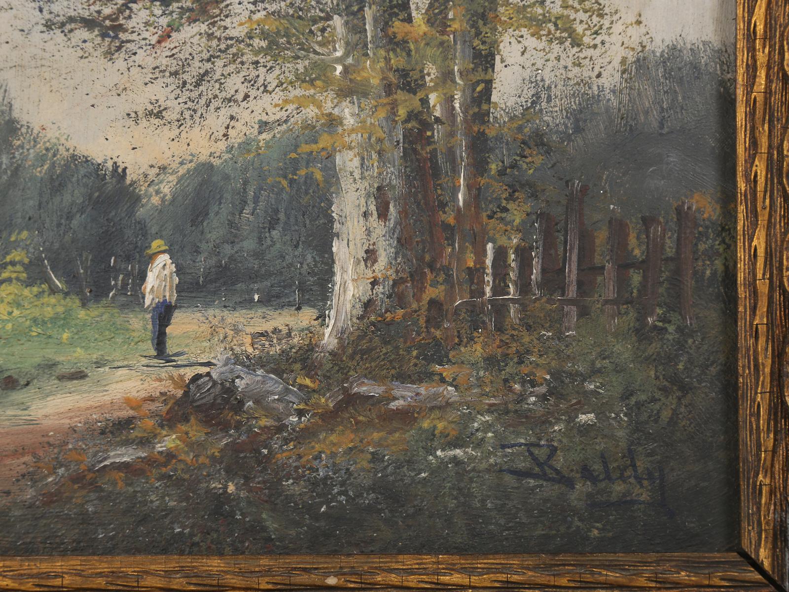 Début du 20ème siècle Peinture à l'huile ancienne de paysage français sur lin signée Baldy, cadre doré d'origine en vente