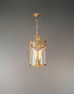 Antique French Lantern Chandelier Style Louis XVI Brass and Glas Gold Handmade