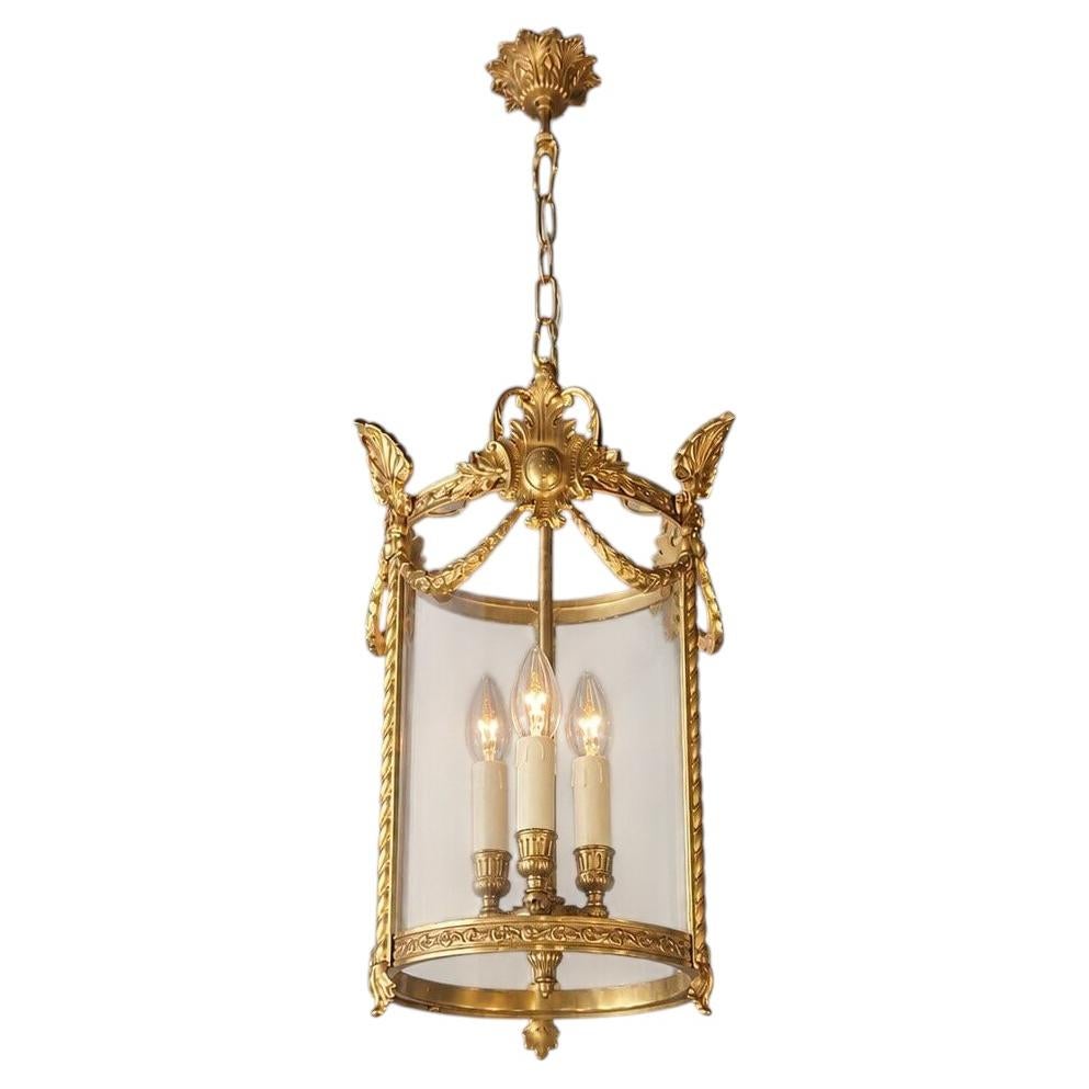 Antique French Lantern Chandelier Louis XVI Style Brass and Glas Gold Handmade