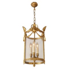 Antique French Lantern Chandelier Style Louis XVI Brass and Glas Gold Handmade