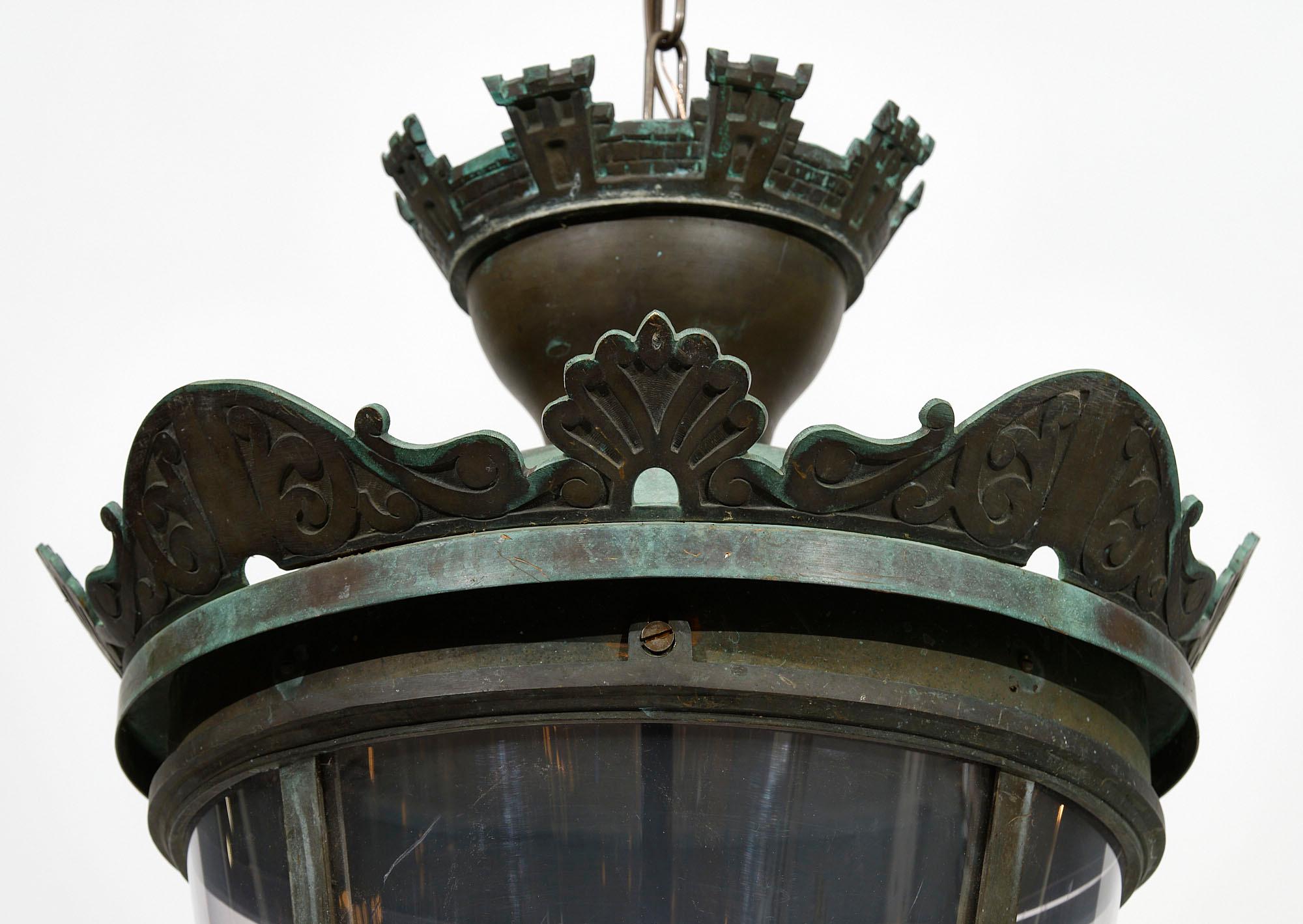 Bronze lantern; French; from around “Opera Garnier” in Paris. It was originally lit with gas. This was installed in the French capital by the architect Haussmann when Paris was completely re-conceived. It has been fully rewired to US standards.