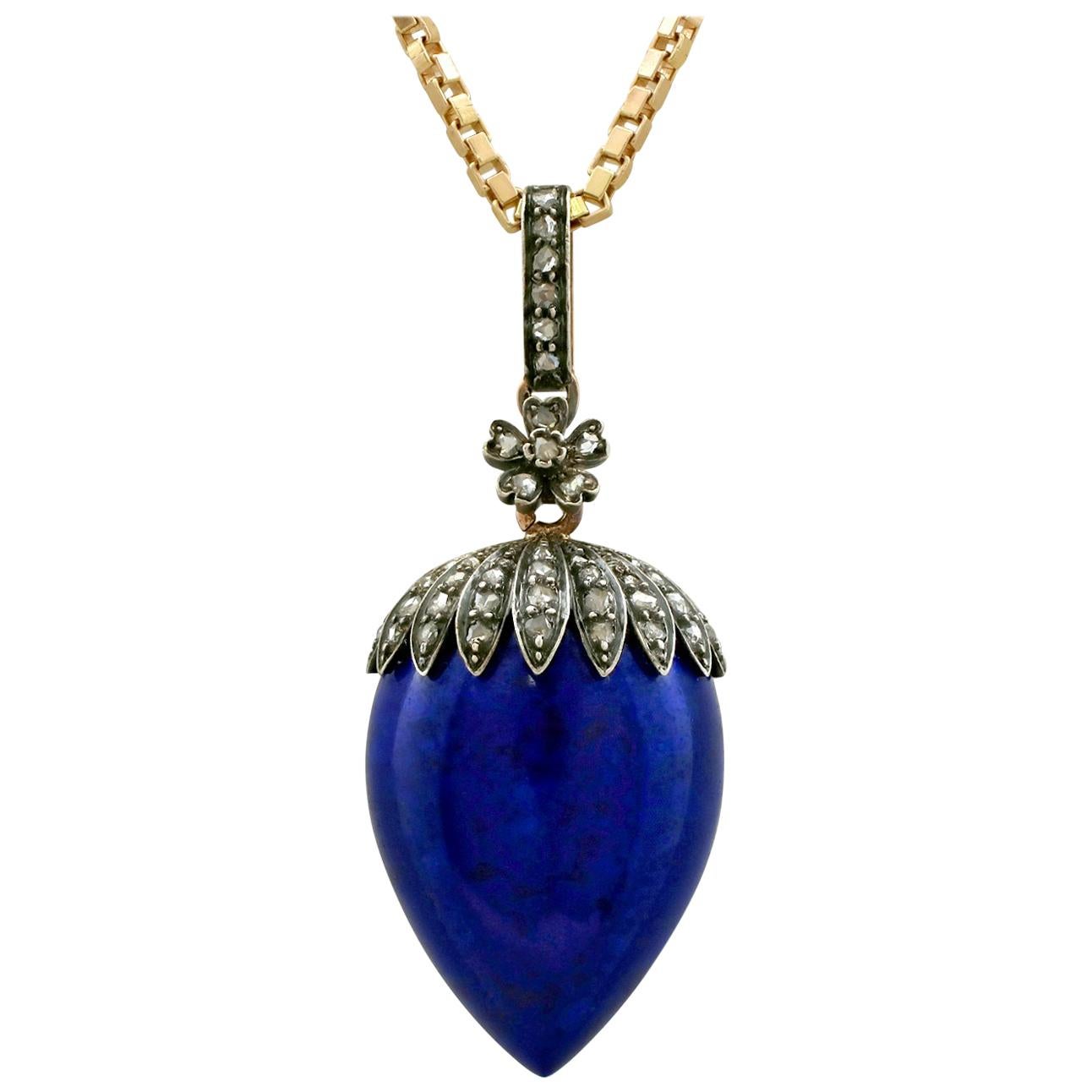 Antique French Lapis Lazuli and 1.02 Carat Diamond Rose Gold Locket or Pendant