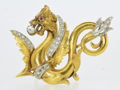 Antique French Large 18K Griffin, Diamond and Ruby Brooch, c. 1888