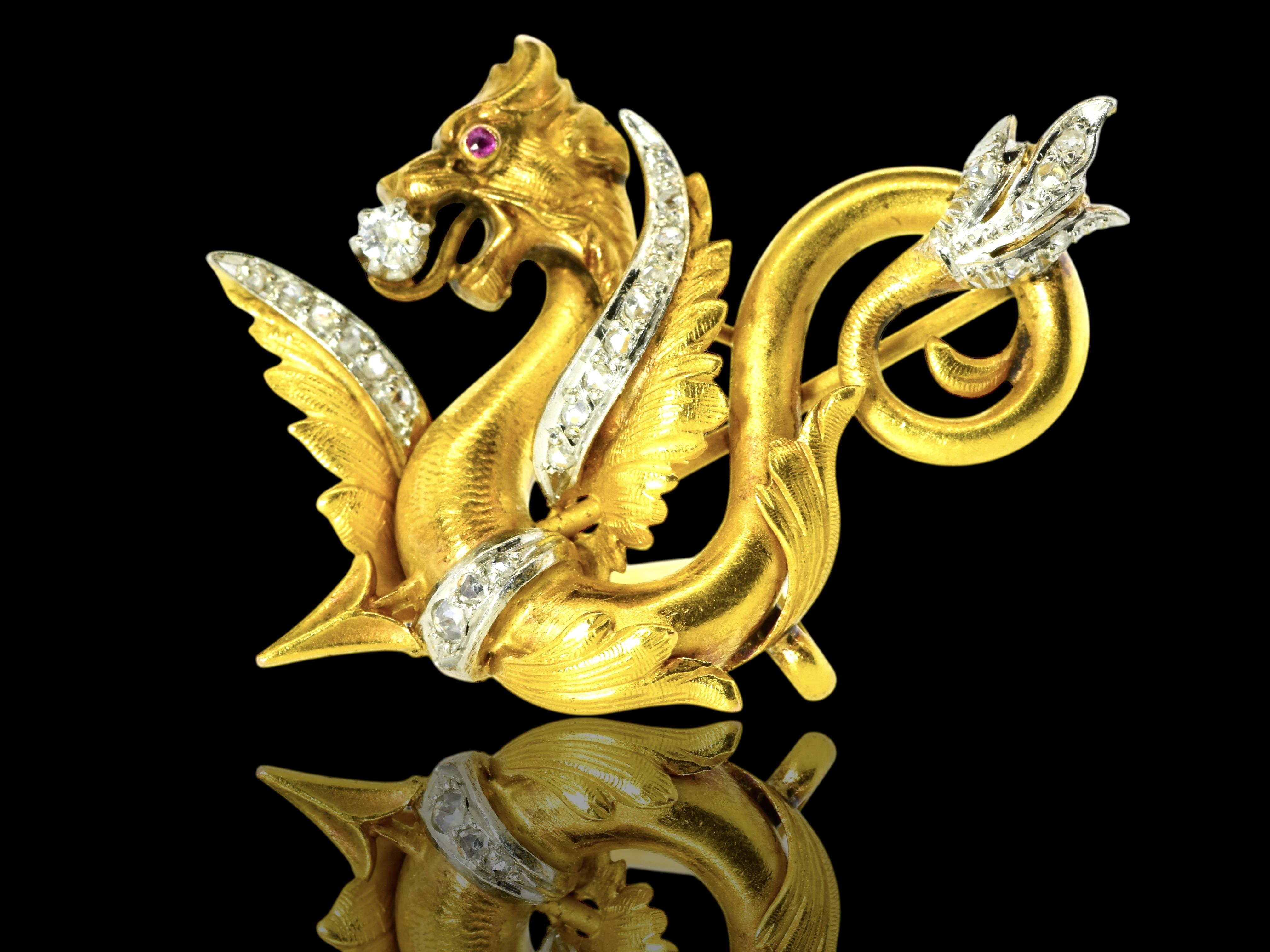 Antique French Large 18K Griffin, Diamond and Ruby Brooch, c. 1888