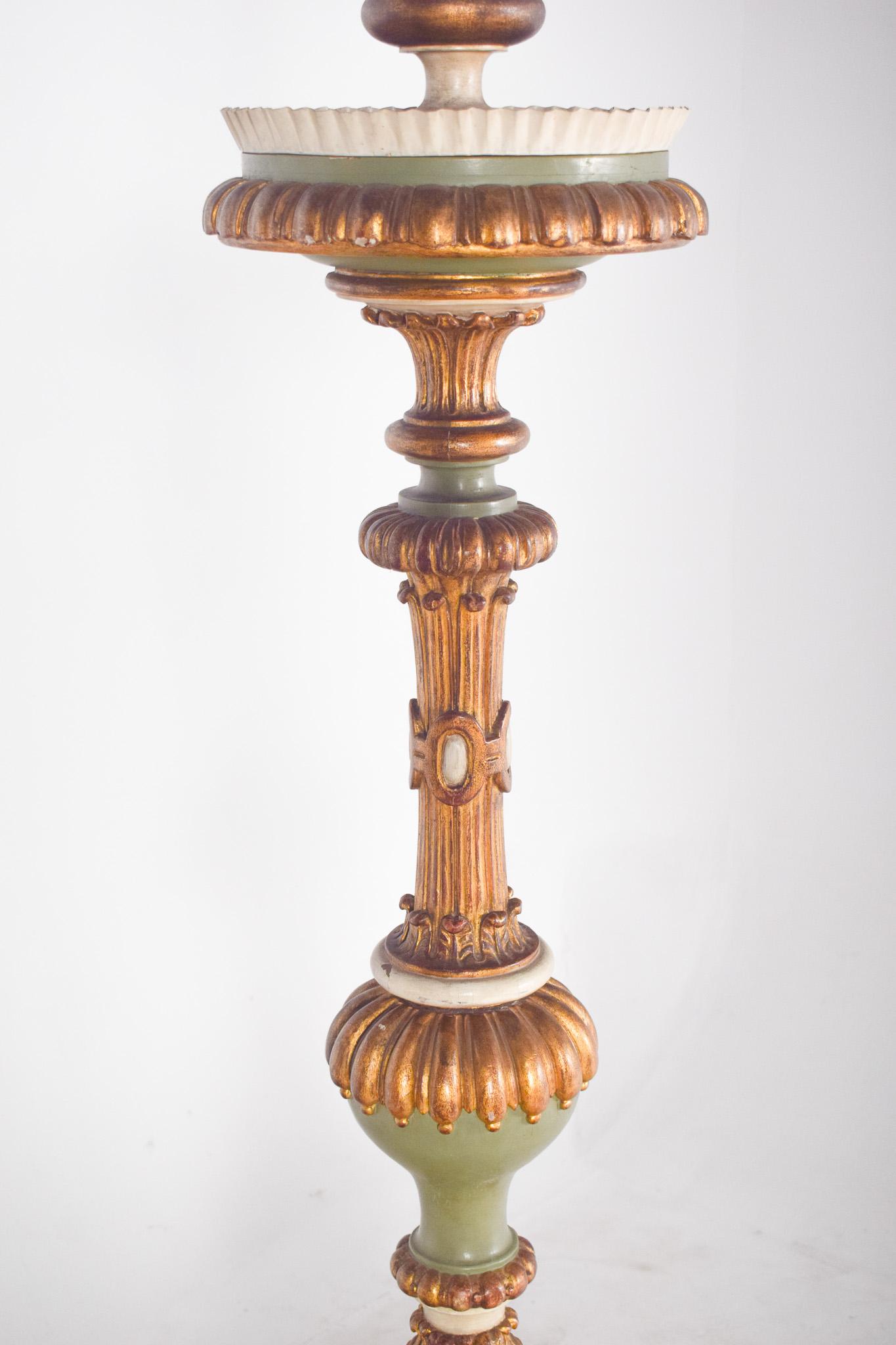 Painted Antique French Large Carved Torch/Lamp with Gilding For Sale