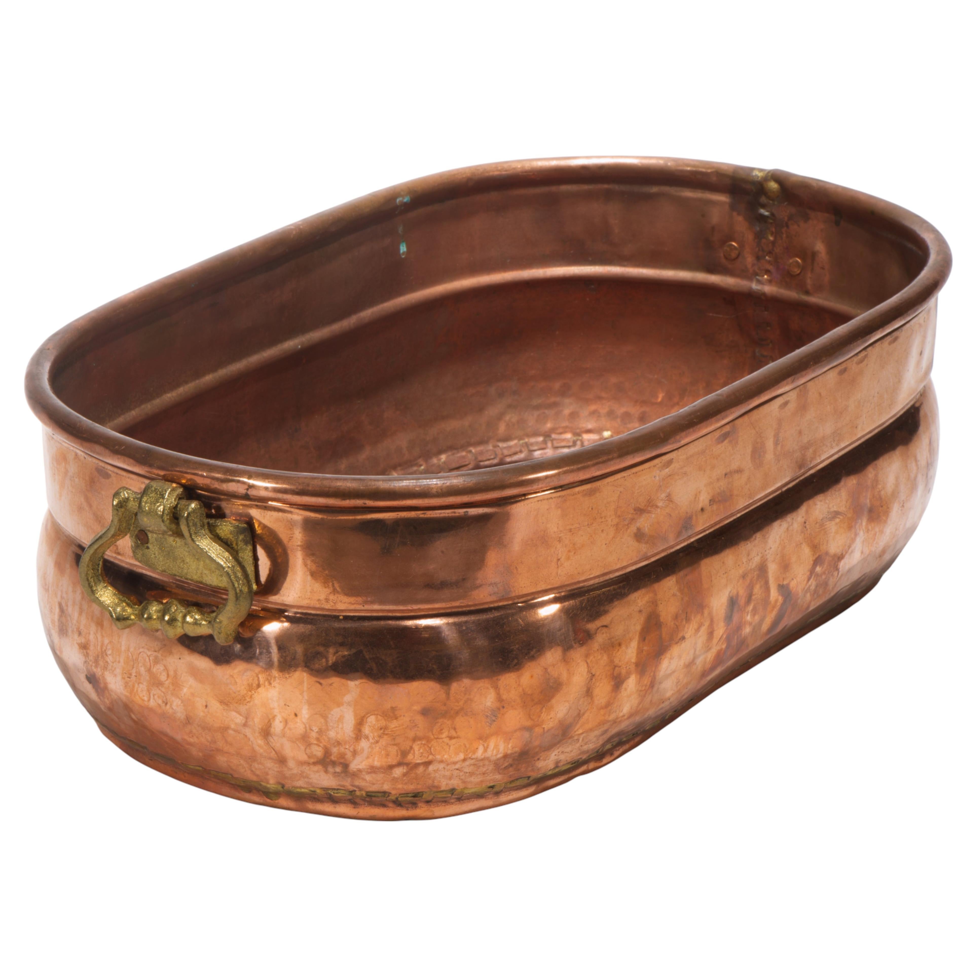 Antique French Large Dovetailed Copper Pot Cast Brass Handles