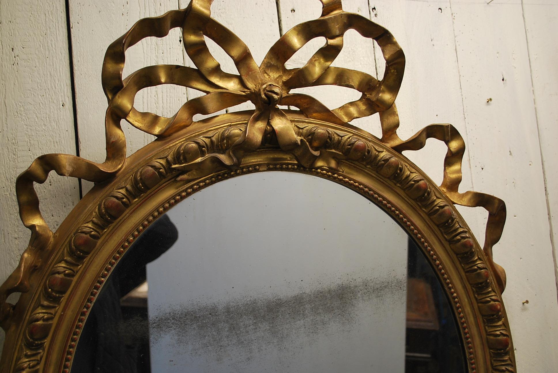 19th Century Antique French large Gilded overmantle Oval wall Mirror, circa 1850 For Sale