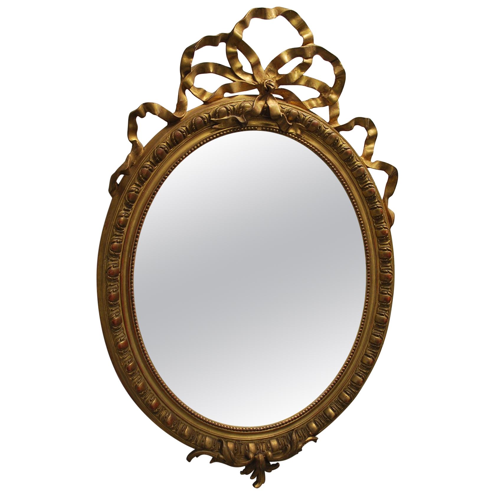 Antique French large Gilded overmantle Oval wall Mirror, circa 1850 For Sale