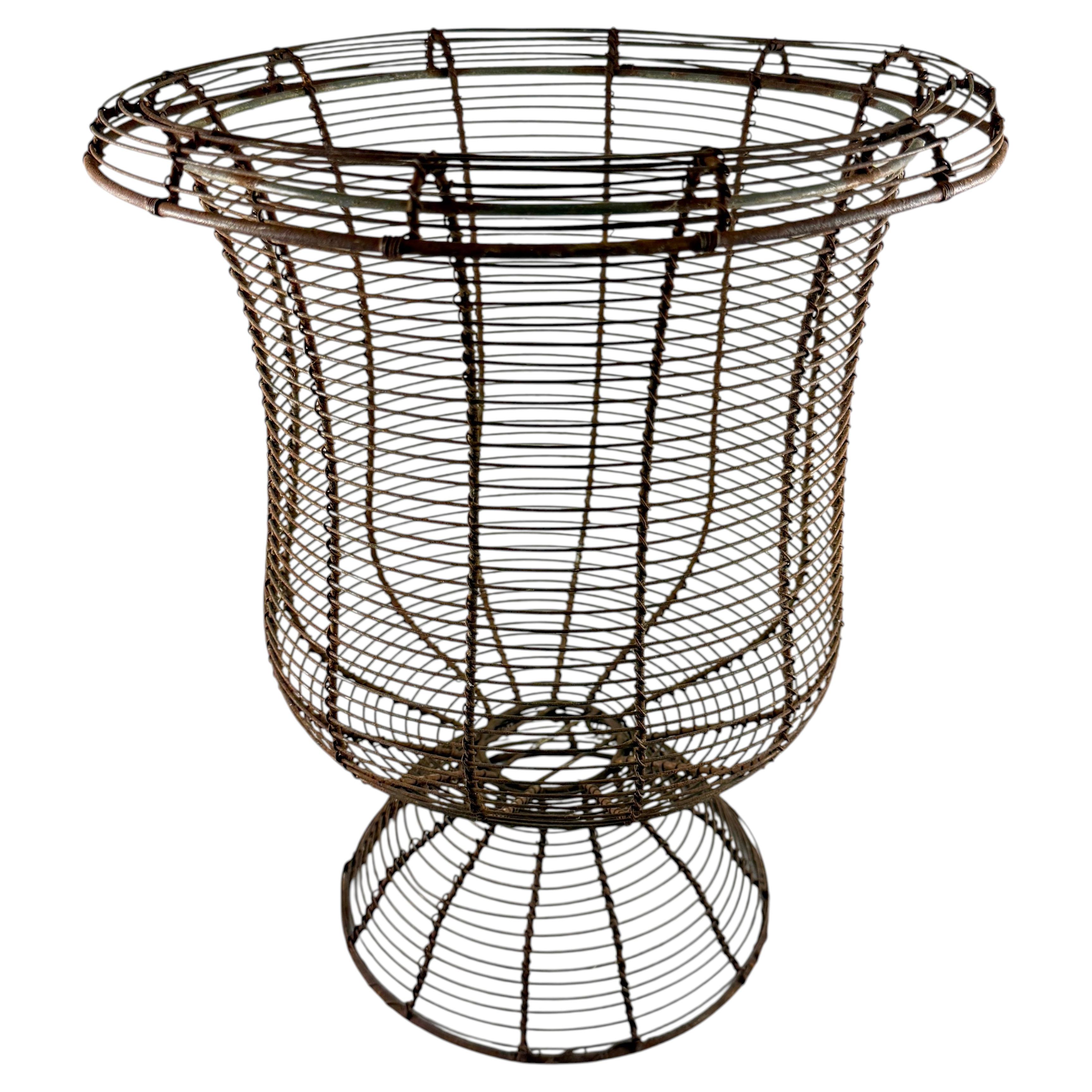 Antique French Large Pedestal Urn Hand Made Black Twisted Wire Basket, Late 19th