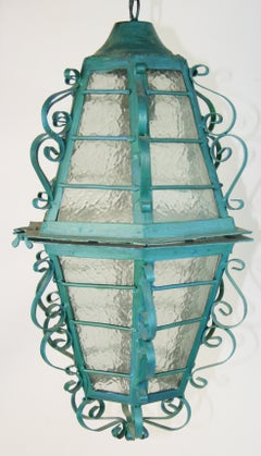 Antique French Scrolled Iron Lantern, Hand Painted, Turquoise, 1940s