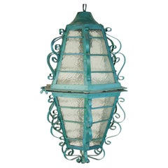 Antique French Scrolled Iron Lantern, Hand Painted, Turquoise, 1940s