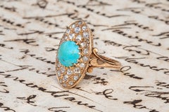 Antique French Late 19th Century Gold Rose Cut Diamond Turquoise Navette Cluster