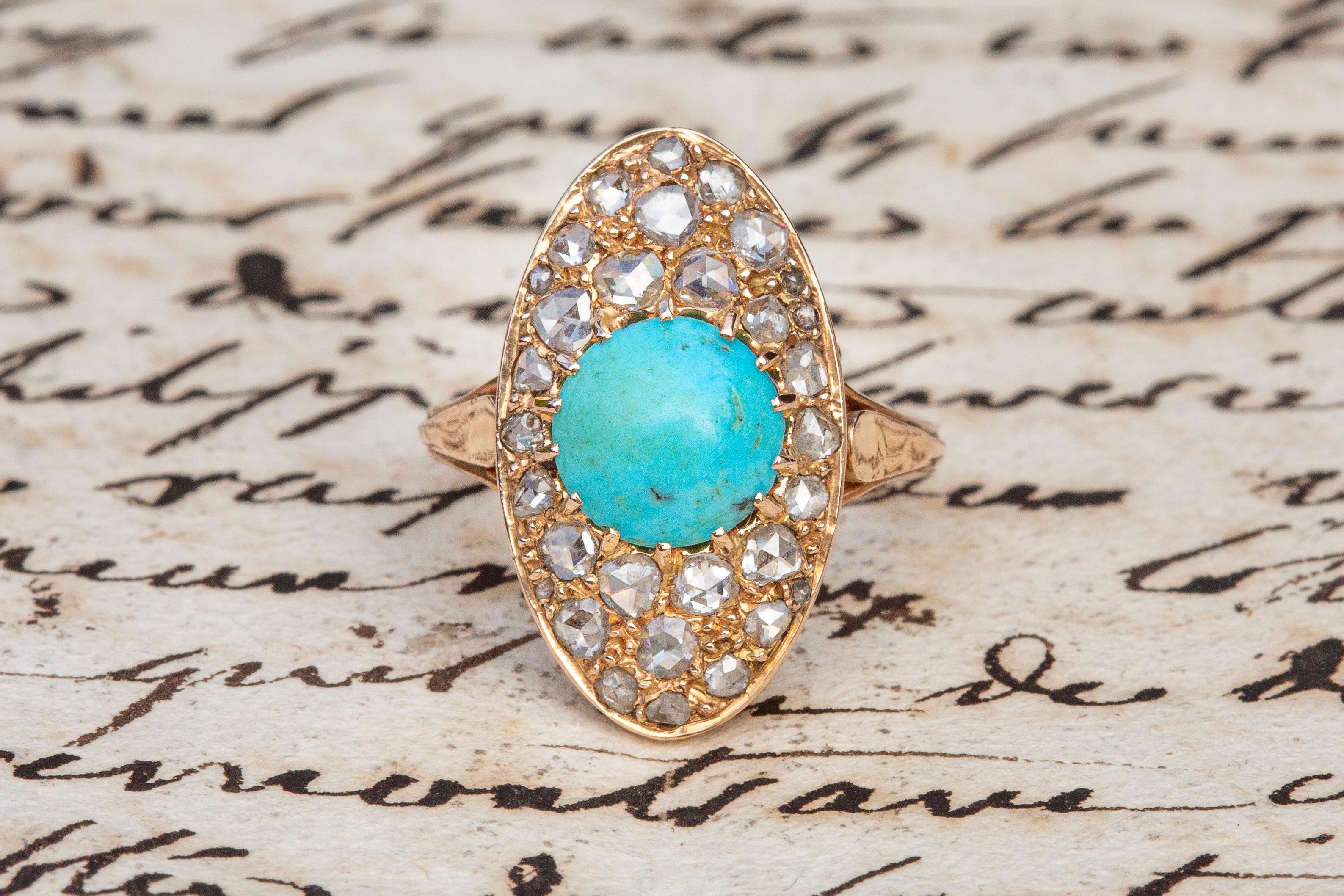 Antique French Late 19th Century Gold Rose Cut Diamond Turquoise Navette Cluster 2