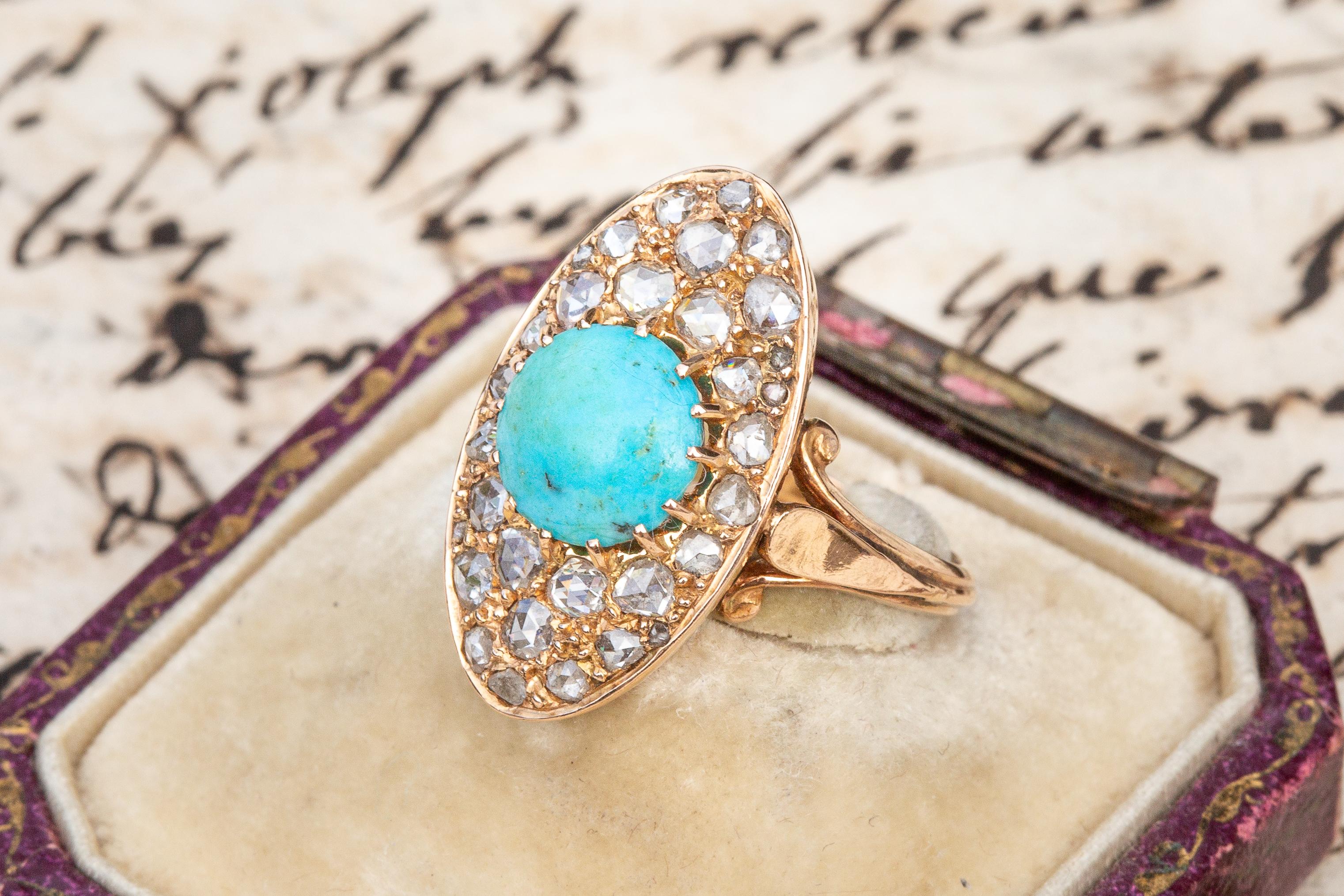 Antique French Late 19th Century Gold Rose Cut Diamond Turquoise Navette Cluster 3