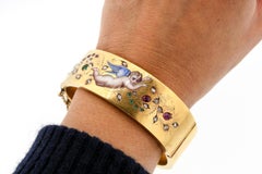 Antique French Late Victorian 18k Gold Enamel Ruby Diamond Cherub Cuff Bracelet