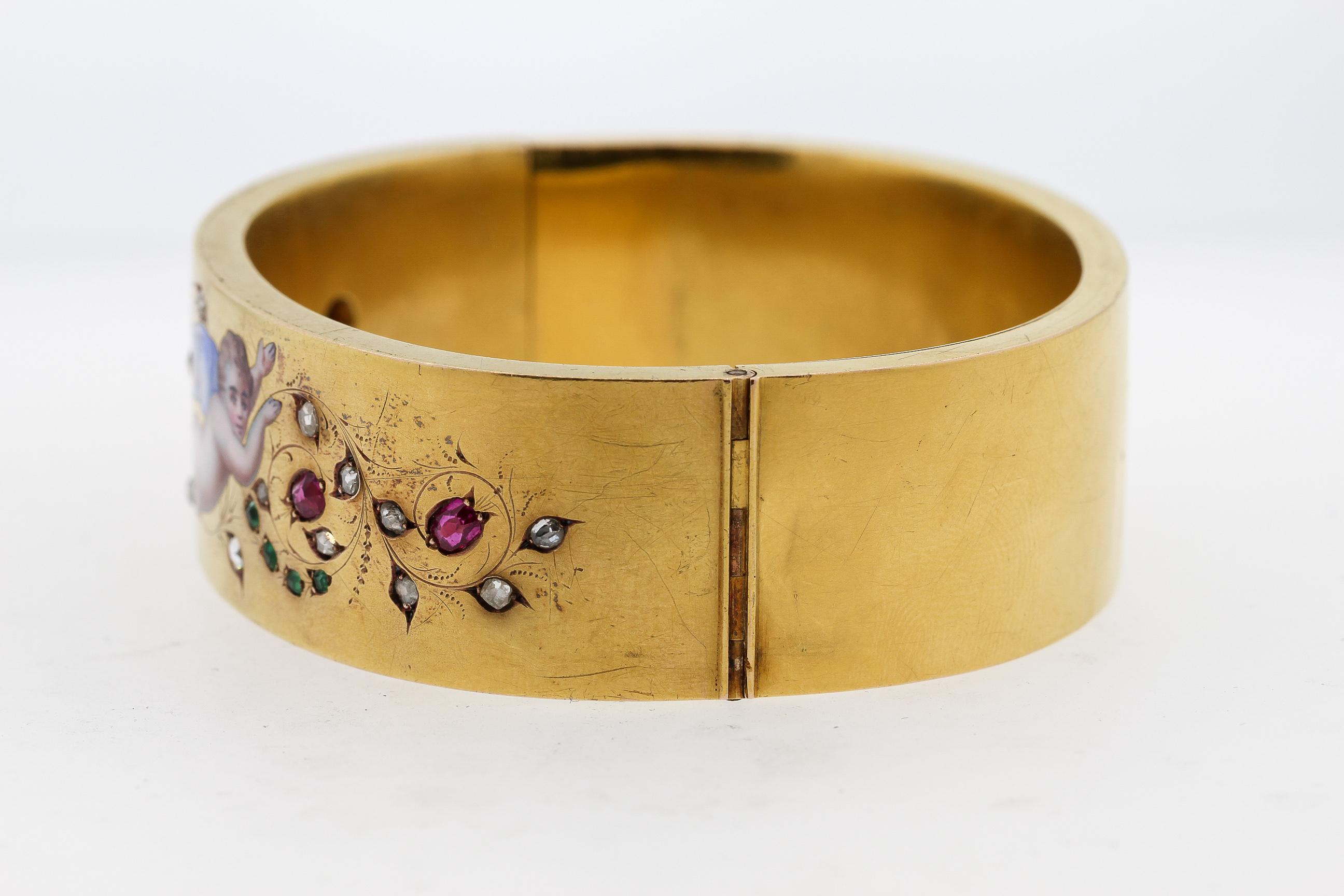 Antique French Late Victorian 18k Gold Enamel Ruby Diamond Cherub Cuff Bracelet In Fair Condition In New York, NY