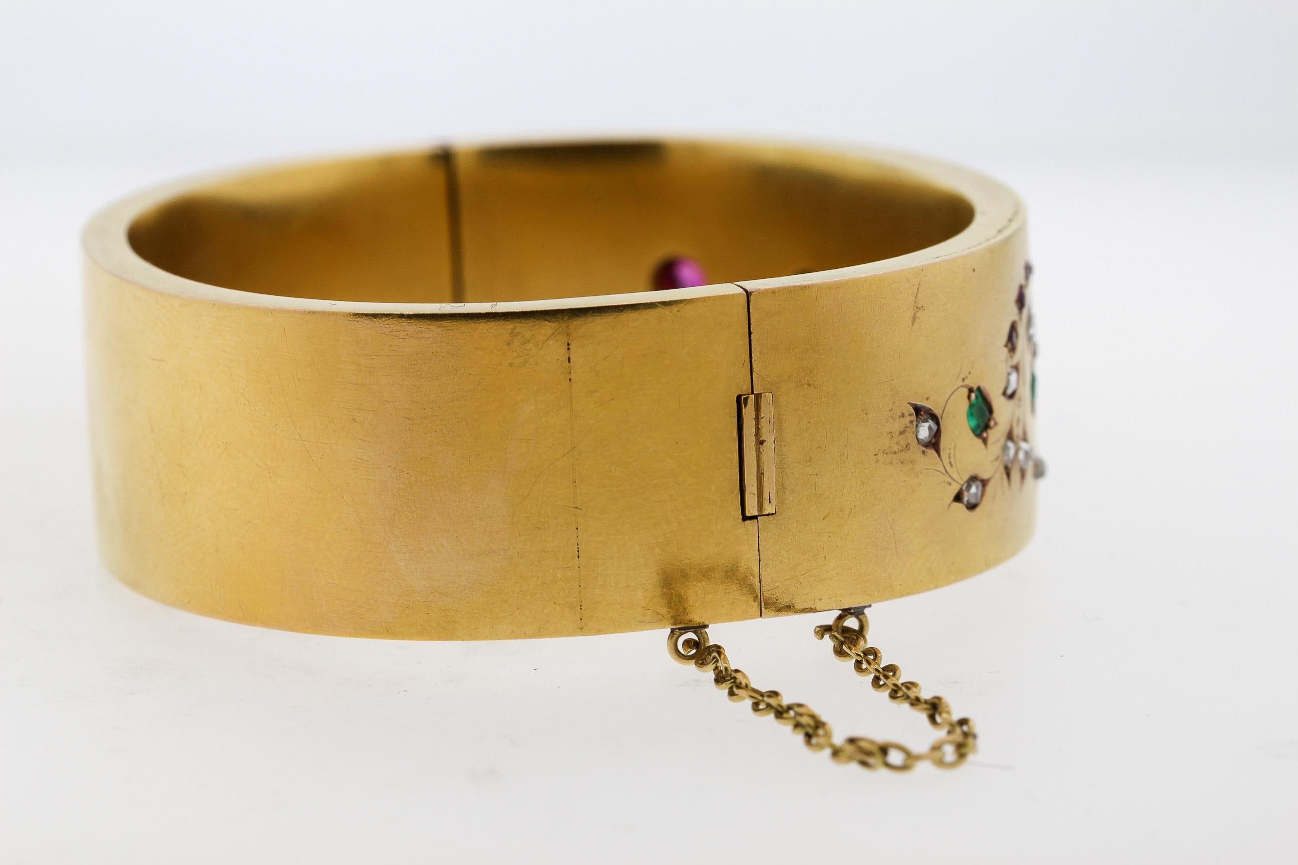 Antique French Late Victorian 18k Gold Enamel Ruby Diamond Cherub Cuff Bracelet 1
