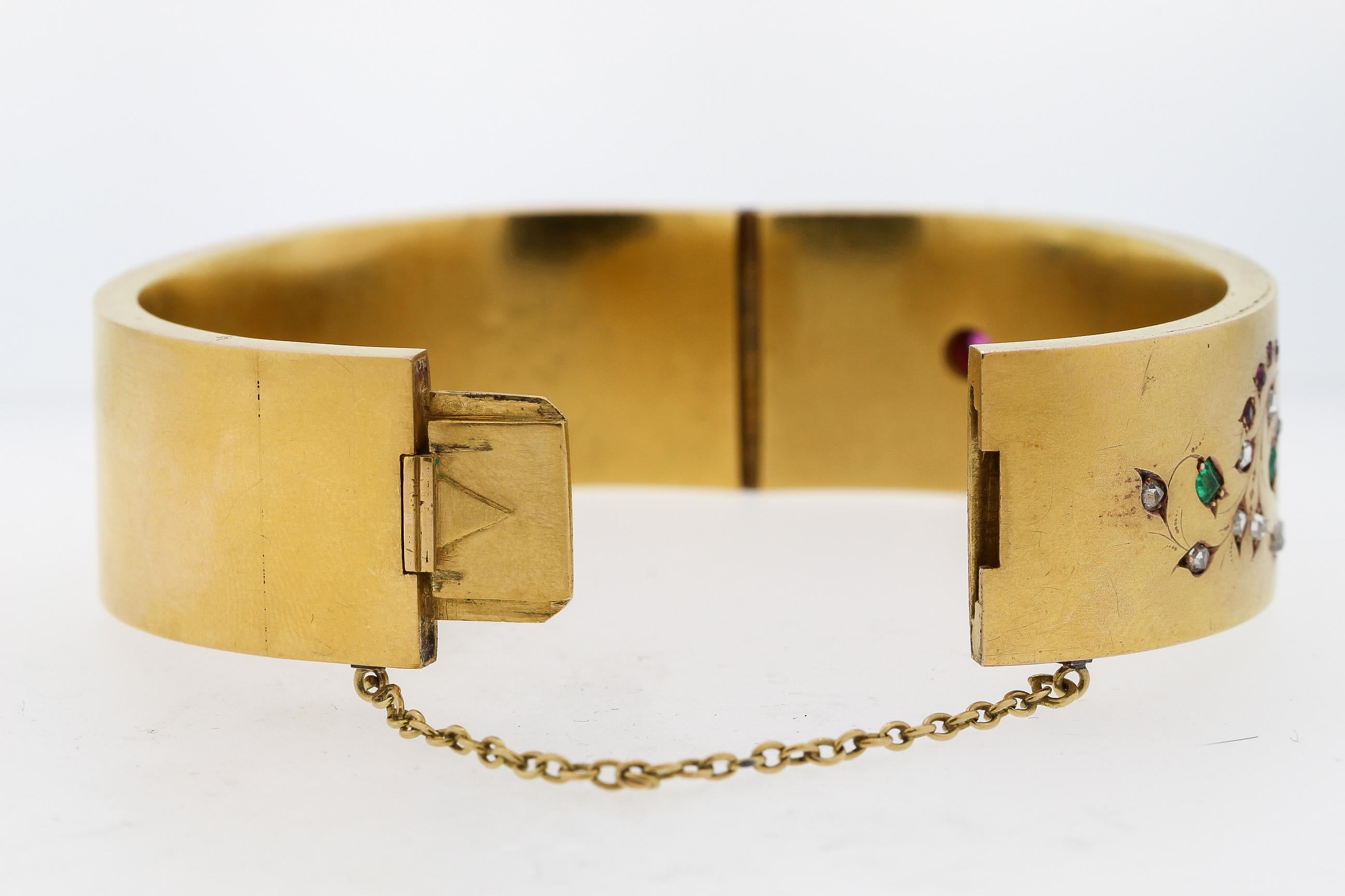 Antique French Late Victorian 18k Gold Enamel Ruby Diamond Cherub Cuff Bracelet 2