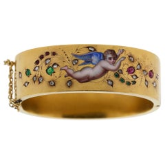 Antique French Late Victorian 18k Gold Enamel Ruby Diamond Cherub Cuff Bracelet