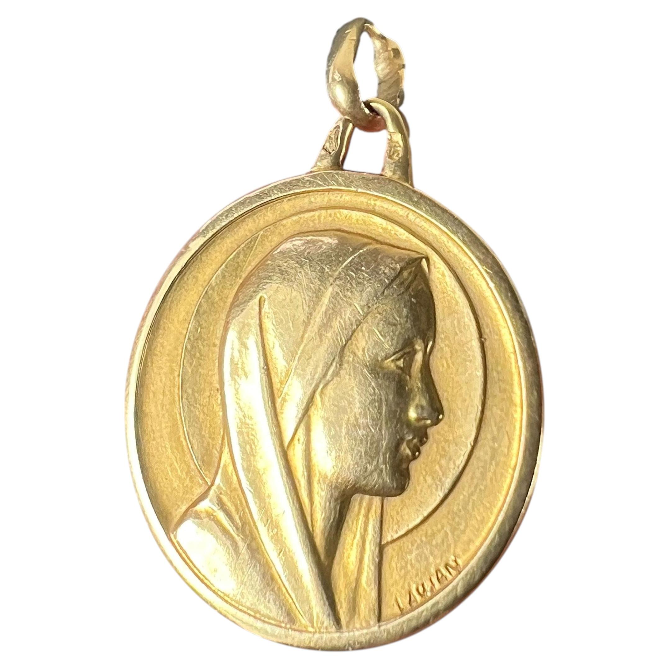 Antique French Laujan Colgante Medalla Religiosa Virgen María 18K Oro Amarillo Charm