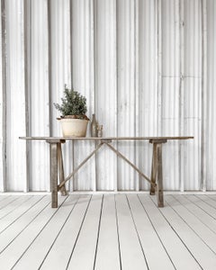 Antique French Laundry Console Table, Solid Elm, Trestle Base, Circa 1890