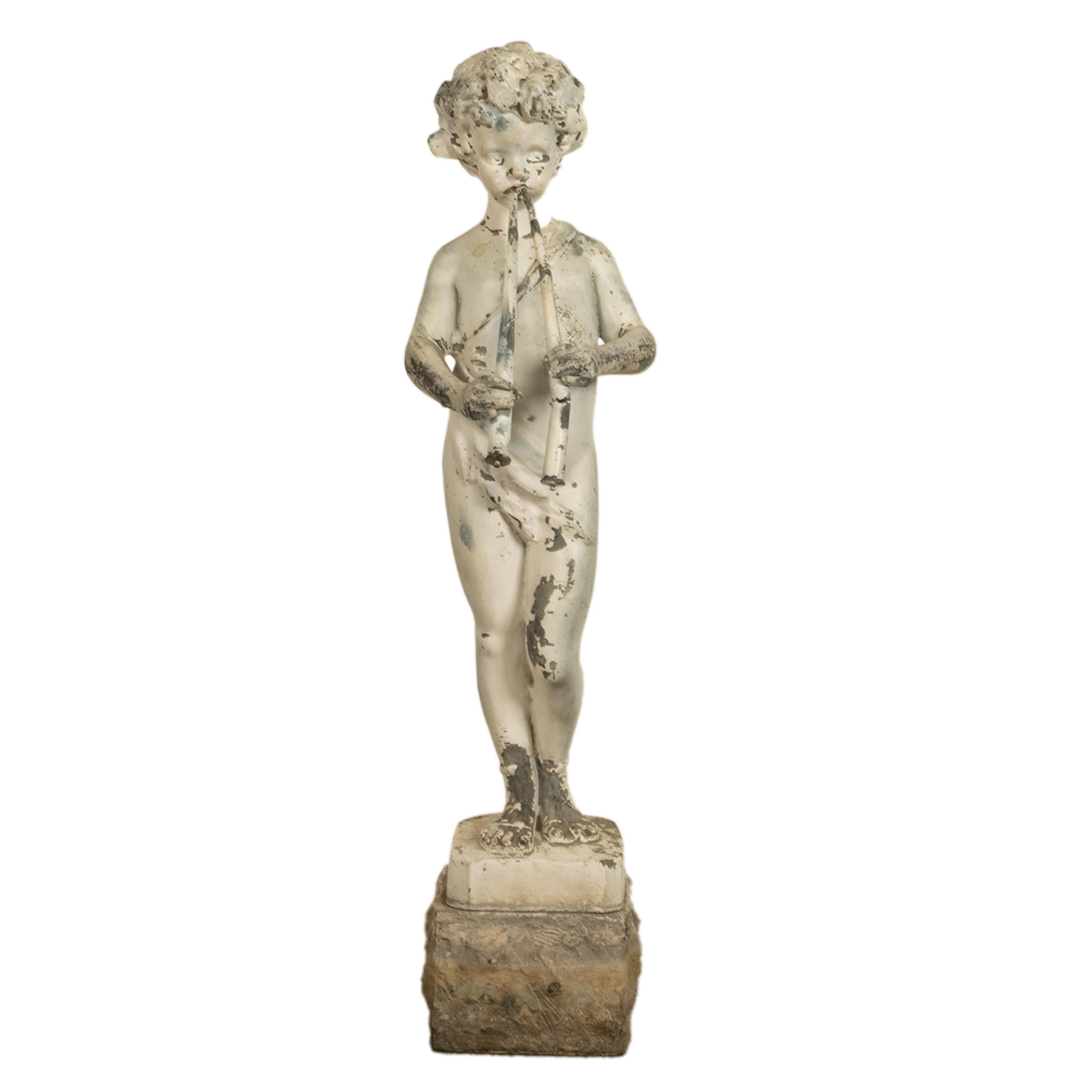 Antique French Lead Garden Statue Fountain Piping Boy Pan Putto Bacchante 1880 3