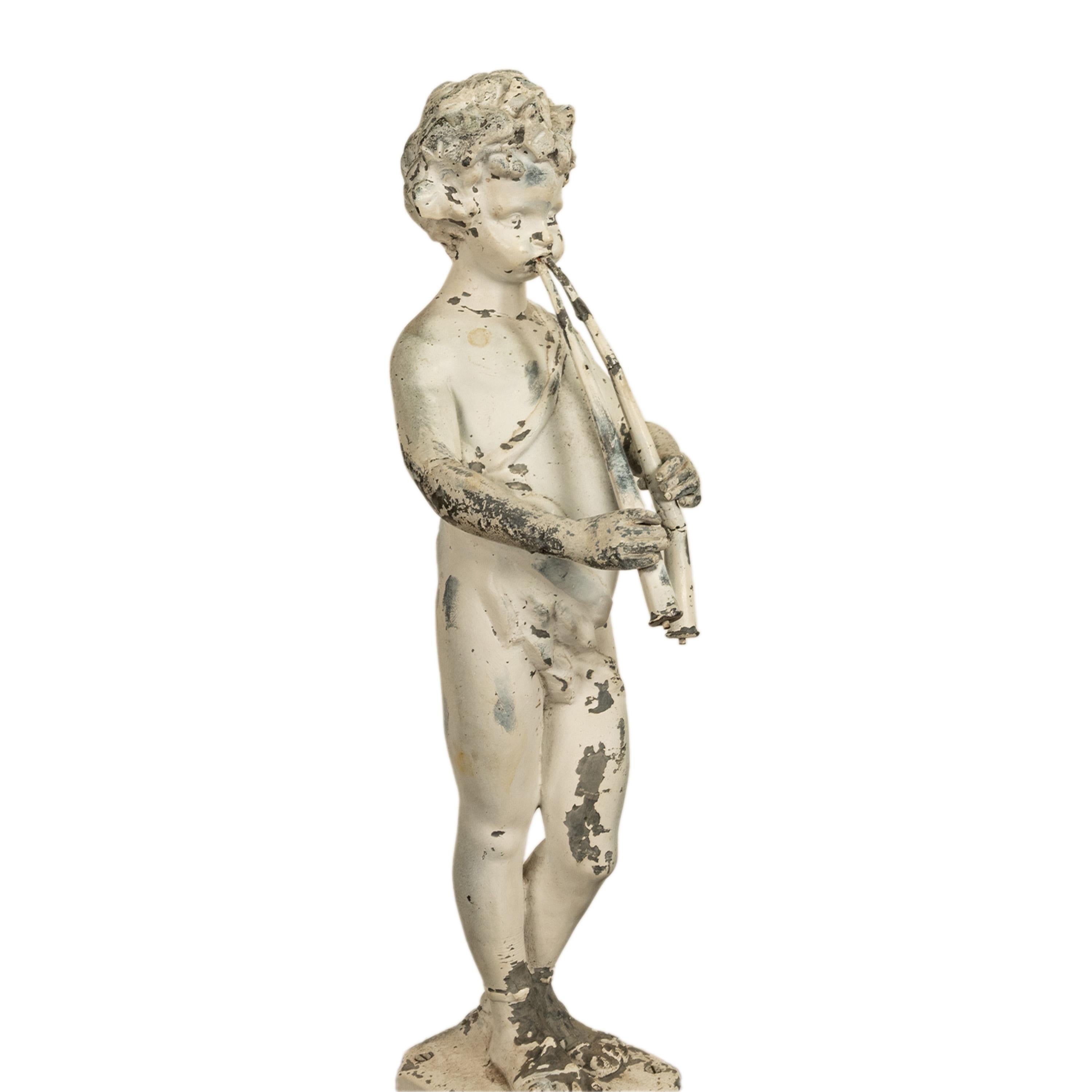 Antique French Lead Garden Statue Fountain Piping Boy Pan Putto Bacchante 1880 4