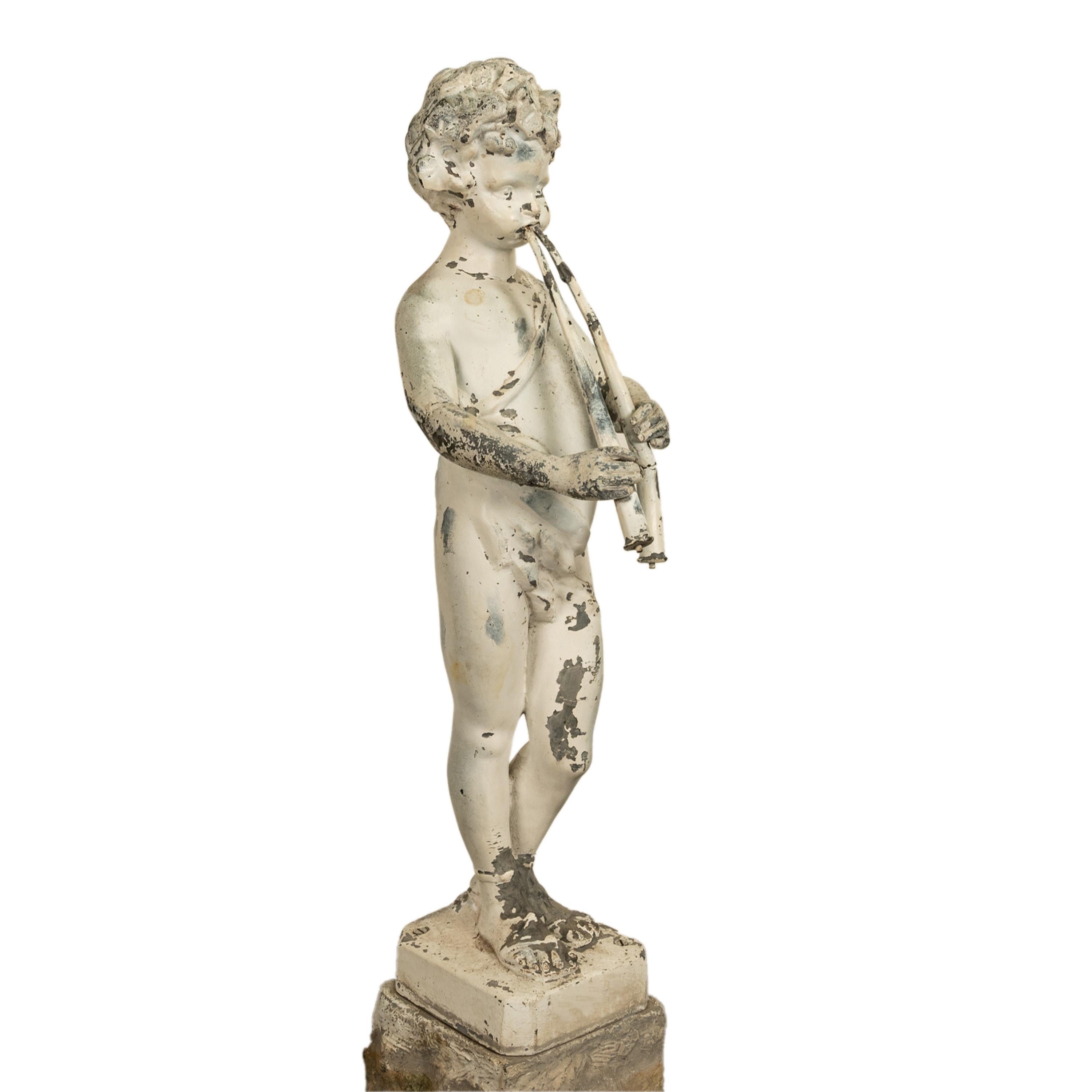 Antique French Lead Garden Statue Fountain Piping Boy Pan Putto Bacchante 1880 5