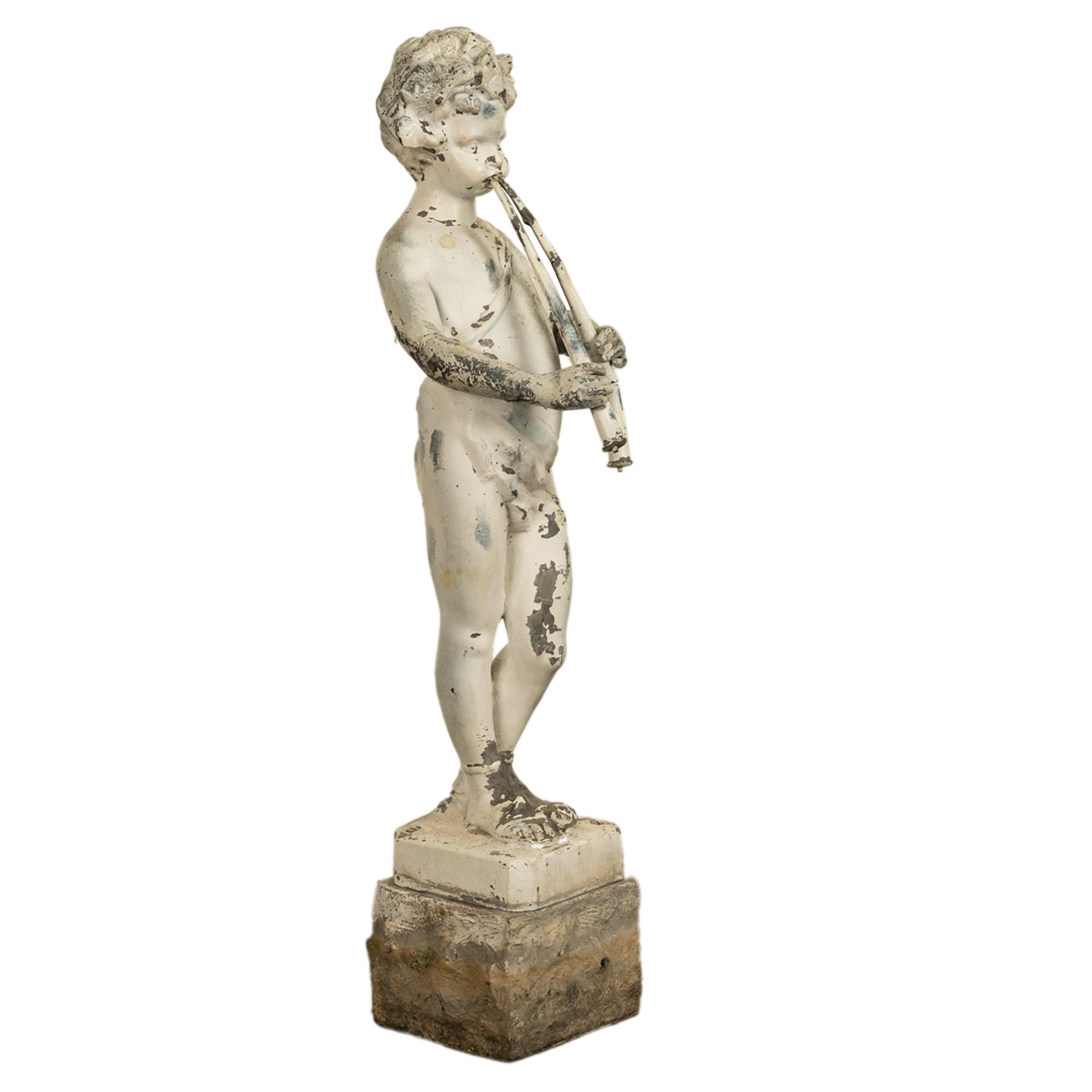 Neoclassical Revival Antique French Lead Garden Statue Fountain Piping Boy Pan Putto Bacchante 1880