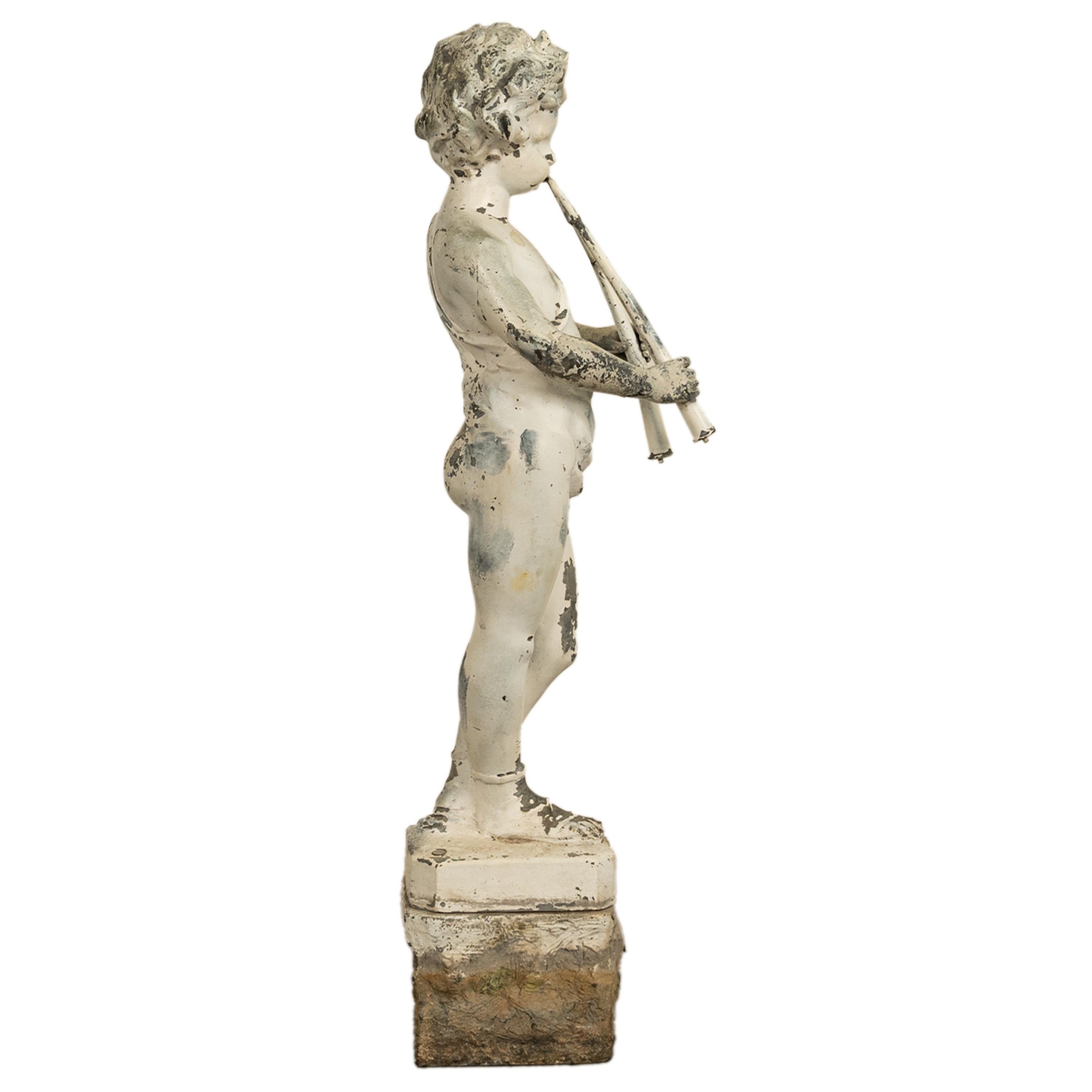 Cast Antique French Lead Garden Statue Fountain Piping Boy Pan Putto Bacchante 1880