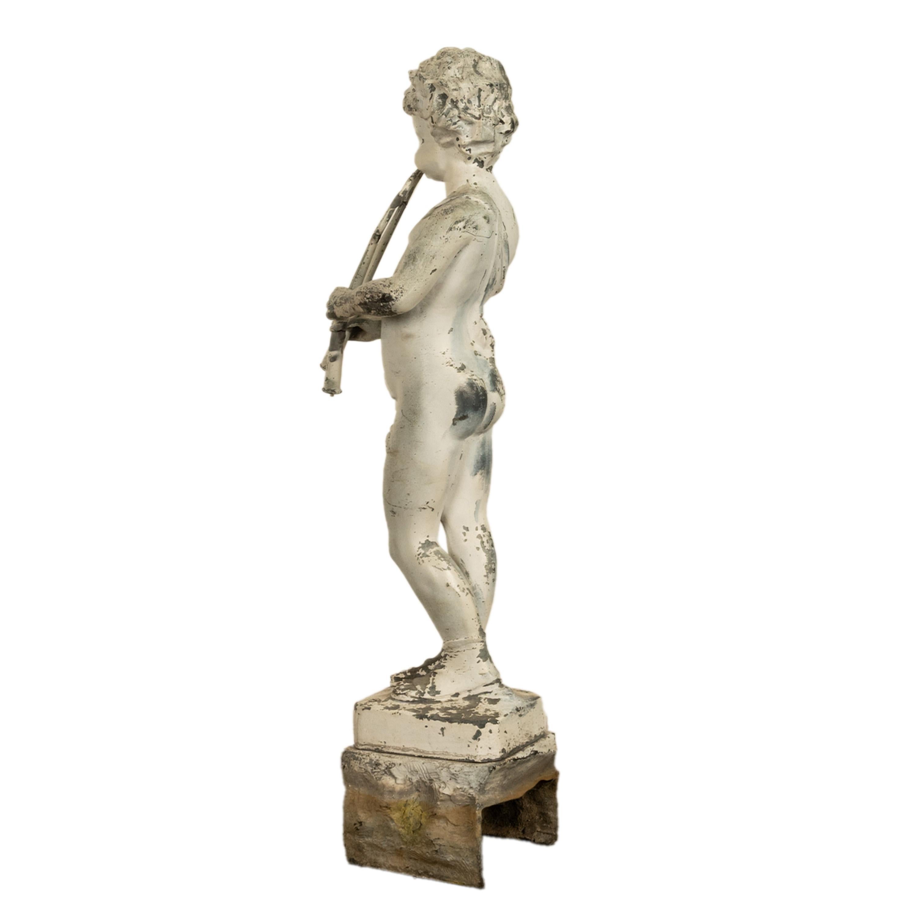 Stone Antique French Lead Garden Statue Fountain Piping Boy Pan Putto Bacchante 1880
