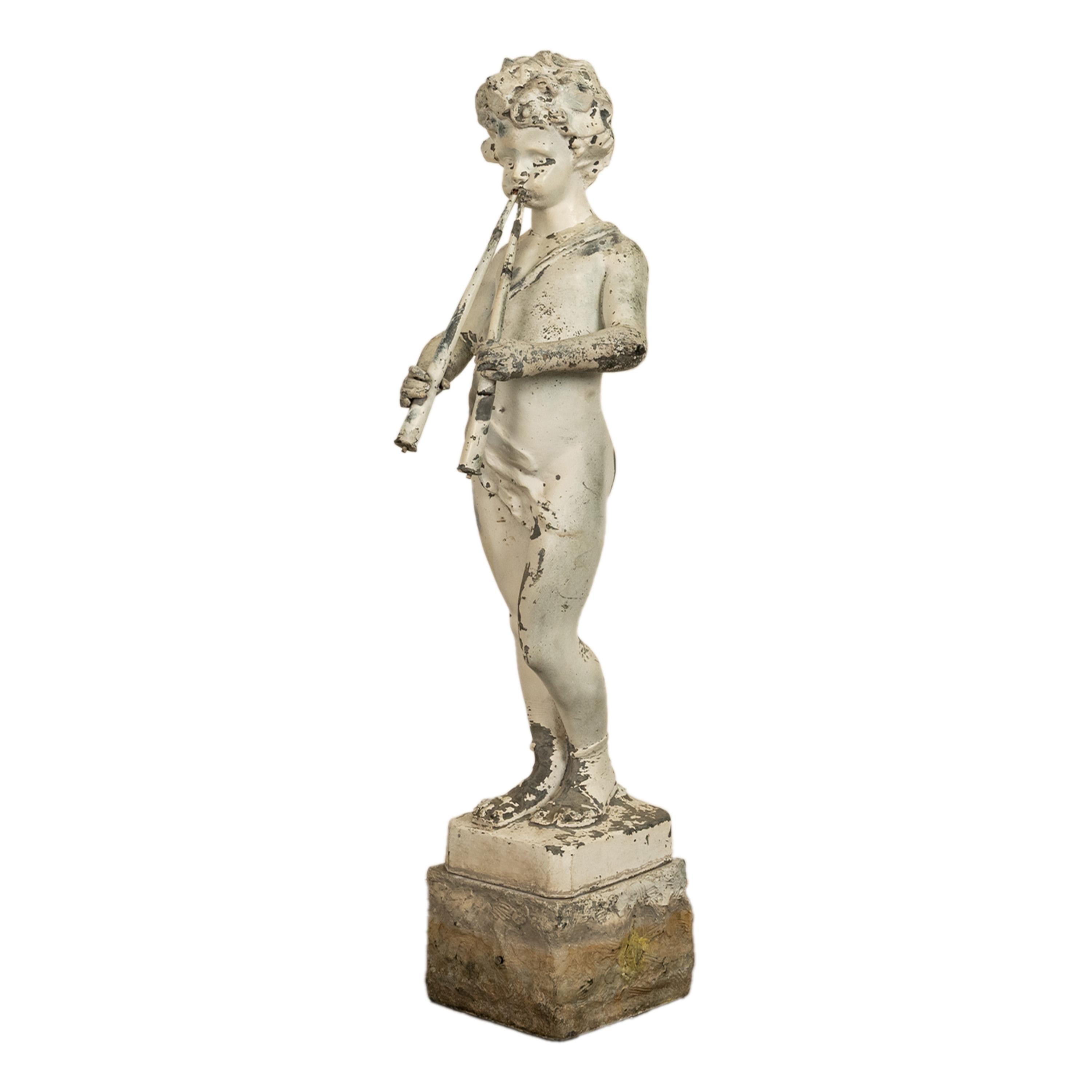 Antique French Lead Garden Statue Fountain Piping Boy Pan Putto Bacchante 1880 2