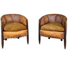 Antique French Leather and Velvet Barrel Back Chairs, Pair