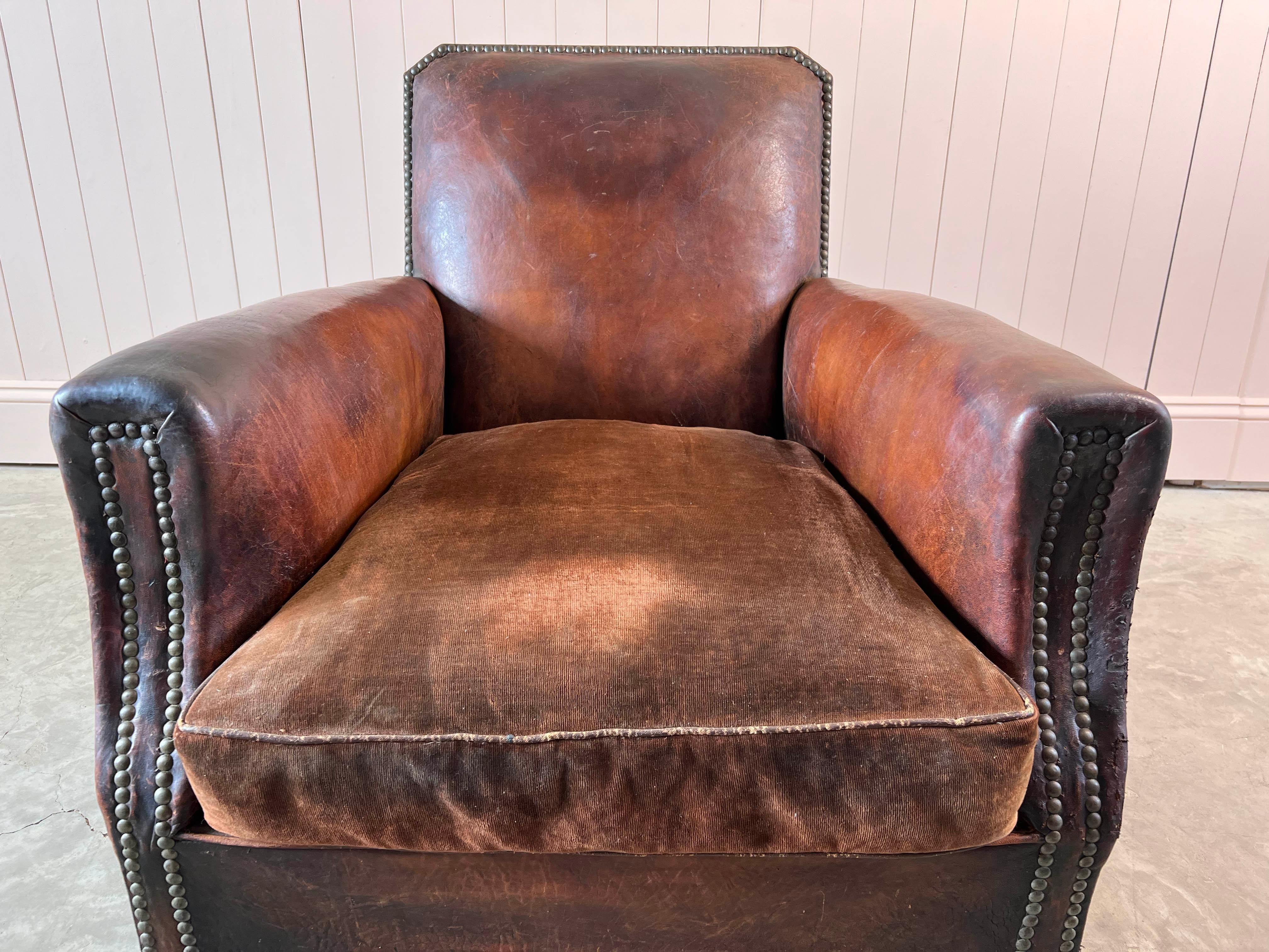 Country Antique French Leather Armchair