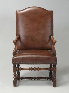 Antique French Leather Armchair in Walnut, Fully Restored from Inside Out