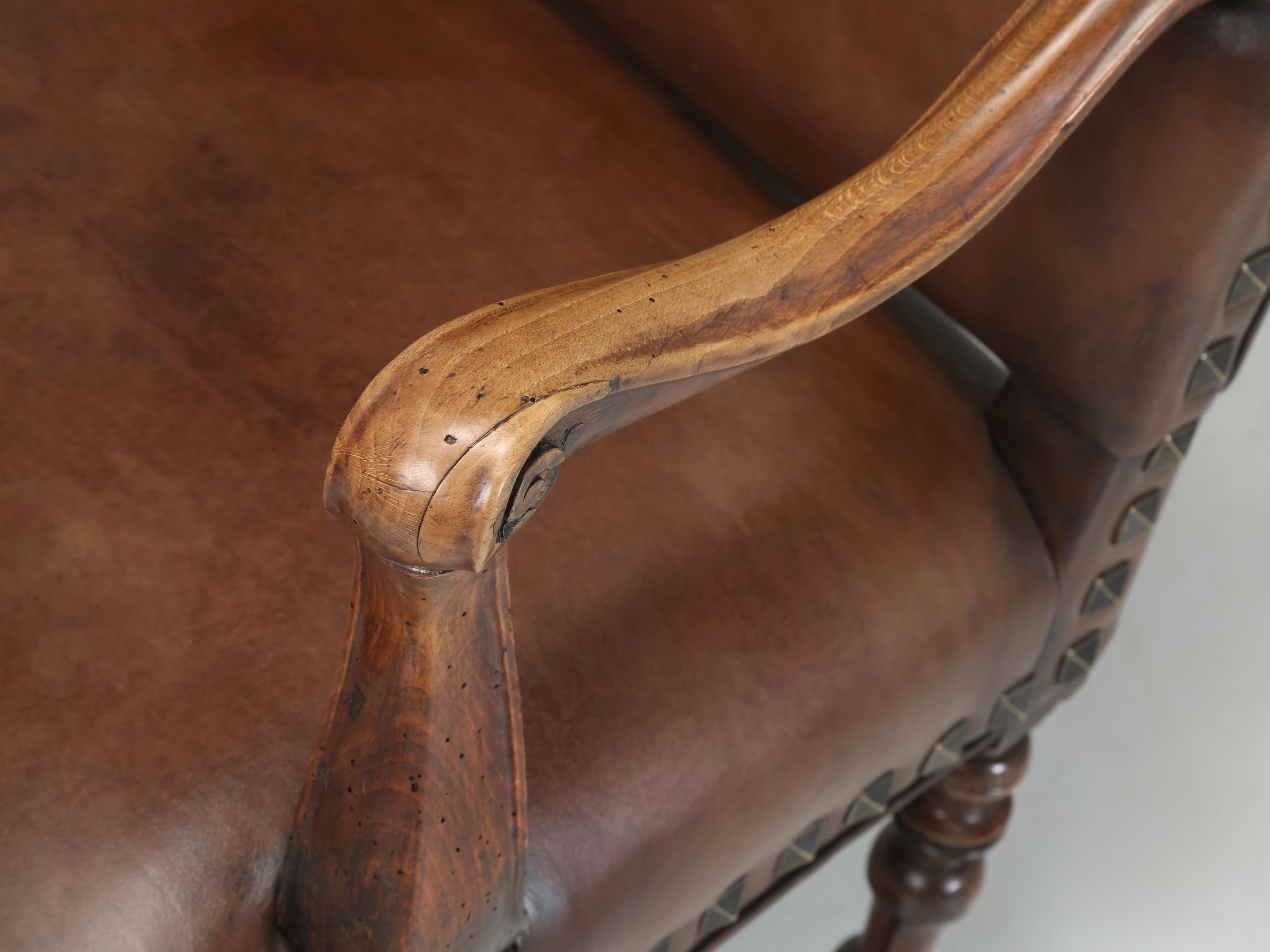 19th Century Antique French Leather Armchair in Walnut with New Brown Leather, Fully Restored